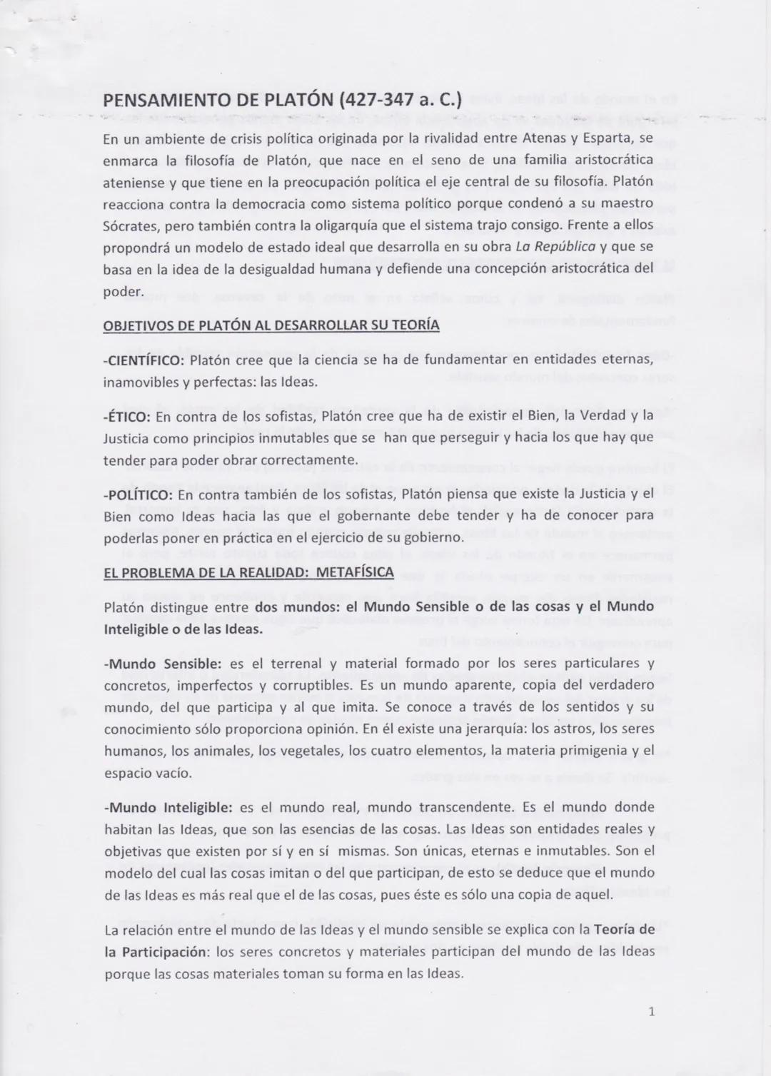 Historia de la Filosofía. PLATÓN 2º bach