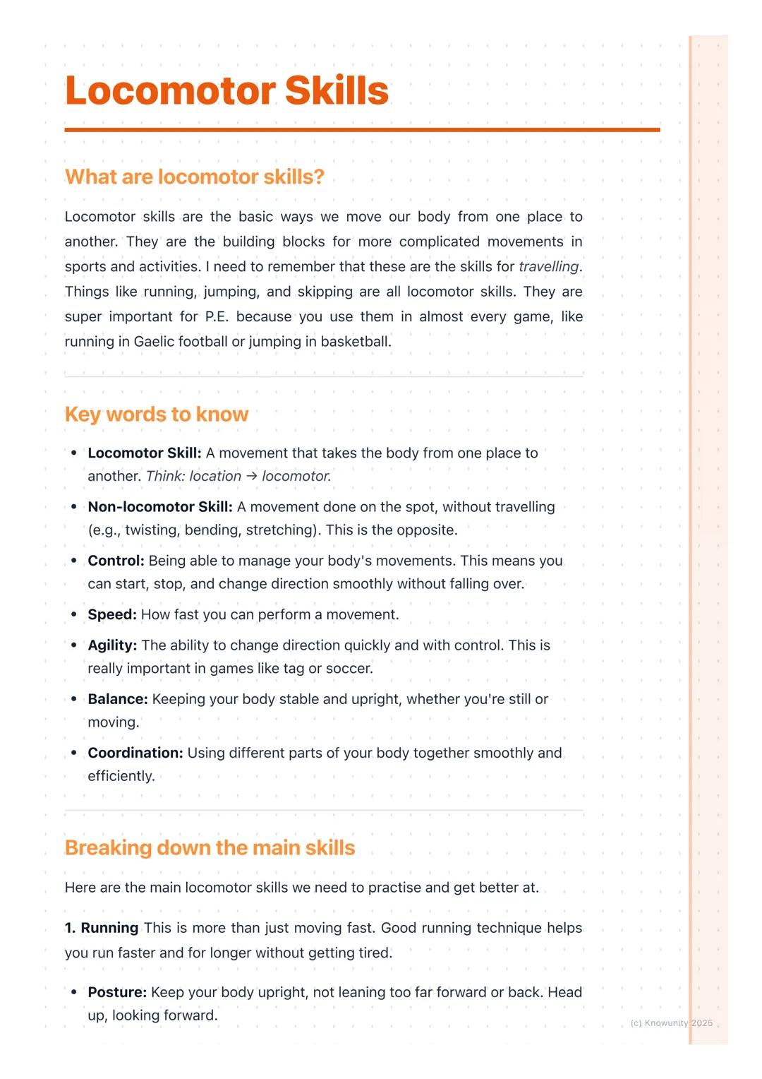 # Locomotor Skills

What are locomotor skills?

Locomotor skills are the basic ways we move our body from one place to
another. They are the