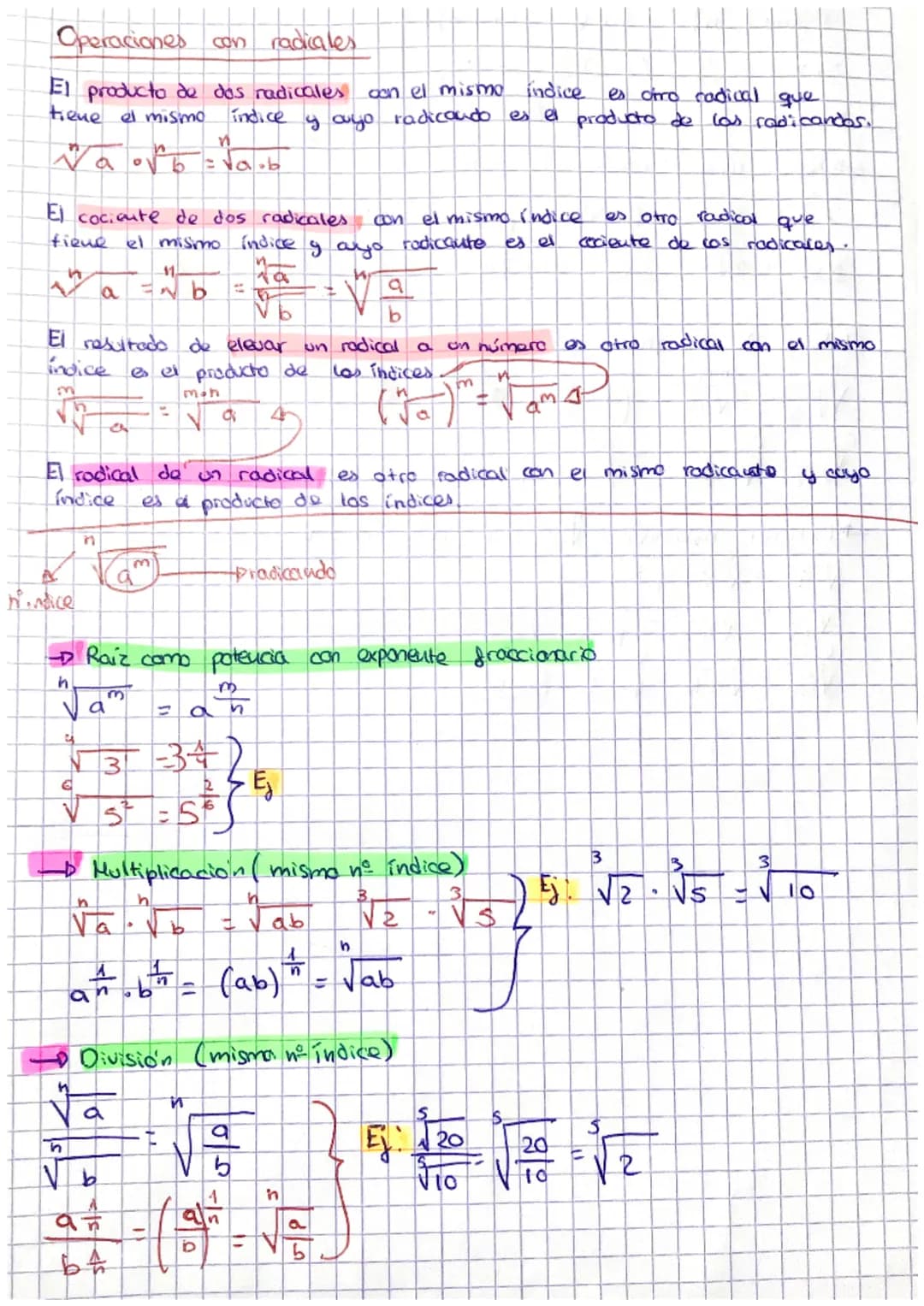 Operaciones con
radicales
El producto de dos radicales con el mismo indice.
tiene el mismo
indice
n
Na √b = √aub
O
con el mismo indice
cocie