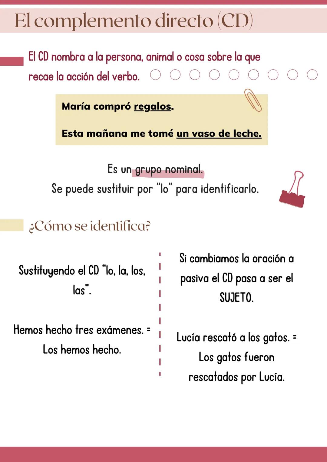 # El complemento directo (CD)

El CD nombra a la persona, animal o cosa sobre la que
recae la acción del verbo.

María compró regalos.

Esta