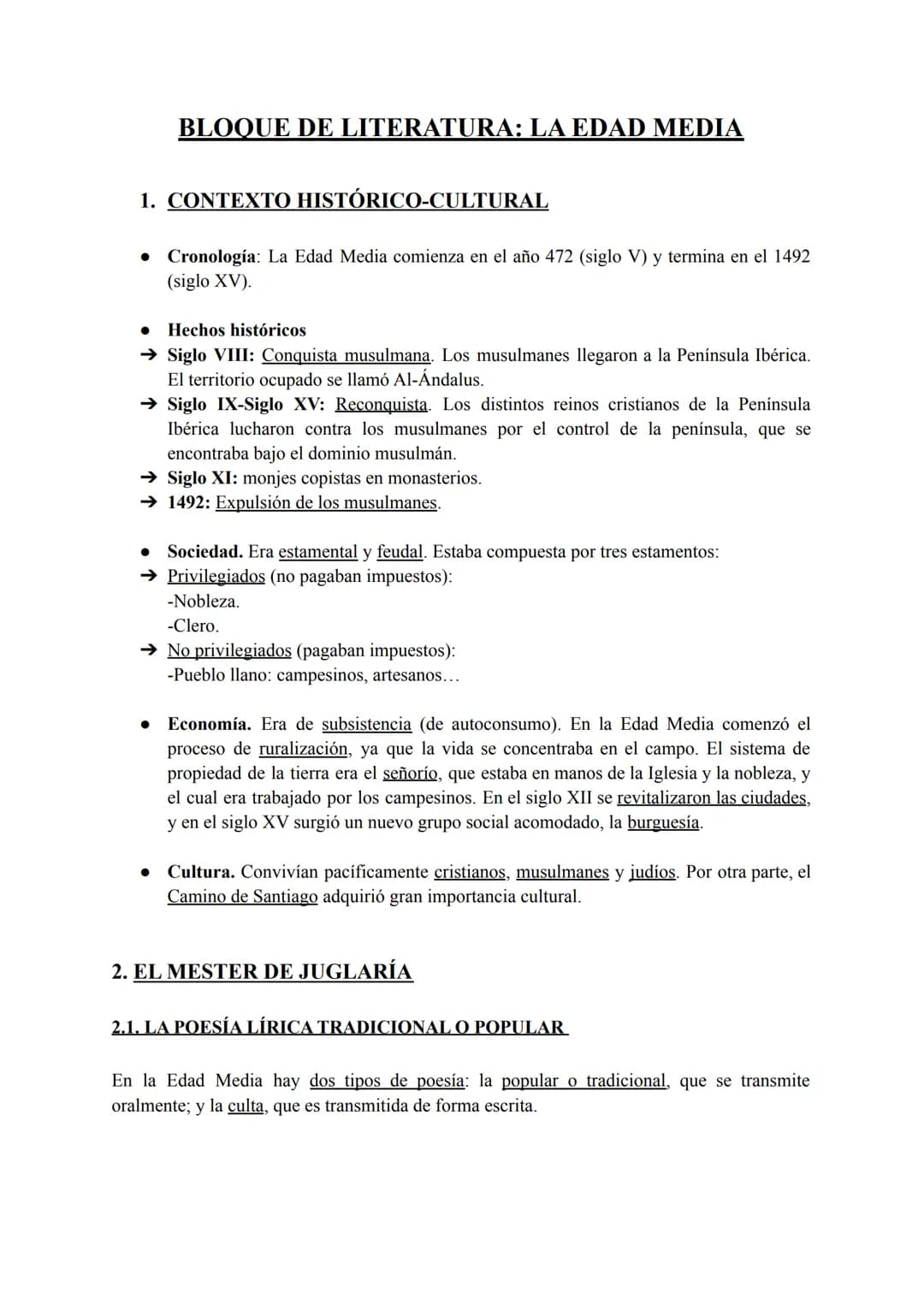 BLOQUE DE LITERATURA: LA EDAD MEDIA
1. CONTEXTO HISTÓRICO-CULTURAL
• Cronología: La Edad Media comienza en el año 472 (siglo V) y termina en
