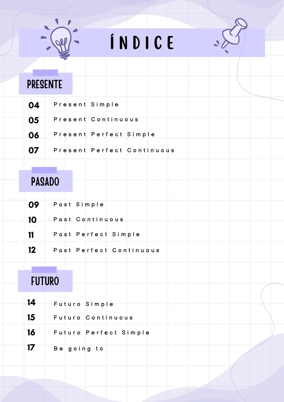 ## THE VERBAL TENSES ÍNDICE
PRESENTE
04 Present Simple
05 Present Continuous
06 Present Perfect Simple
07 Present Perfect Continuous
PASADO
