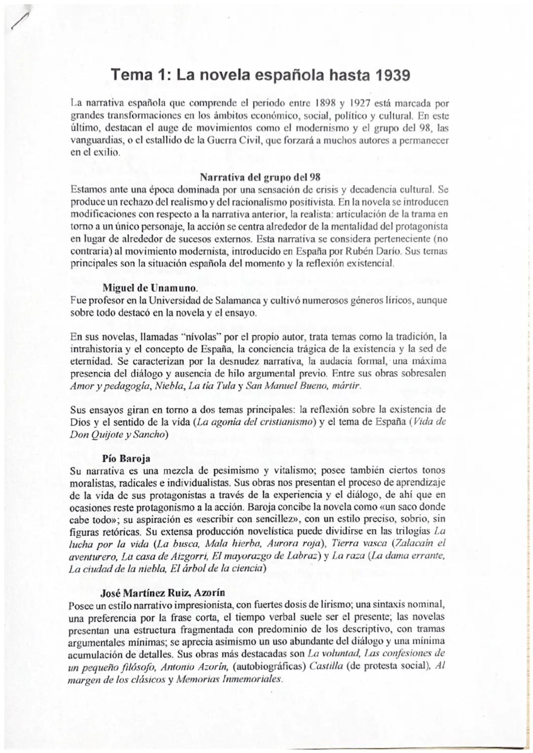 Tema 1: La novela española hasta 1939
La narrativa española que comprende el periodo entre 1898 y 1927 está marcada por
grandes transformaci