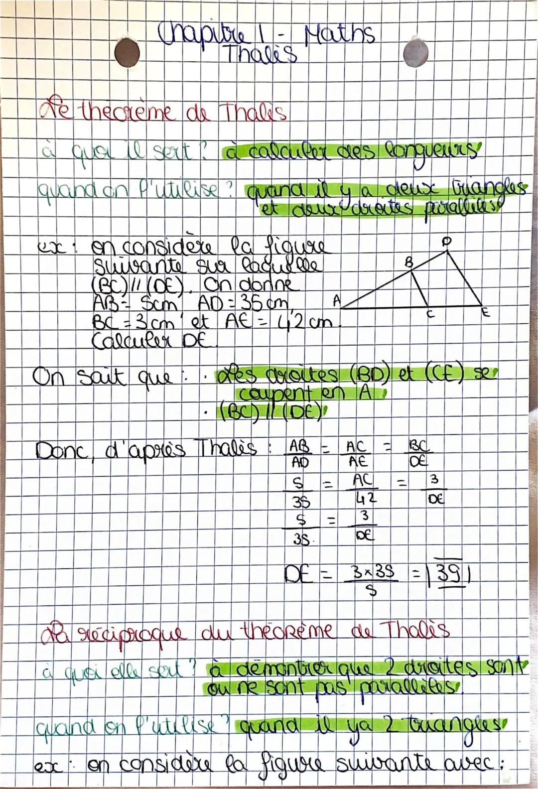 # Chapitre I- Maths
Thales

Ne the creme de Thales

à qua I sext? à calculer des longueurs

quand on l'utilise ? quand il y a deux

ex
Tet a