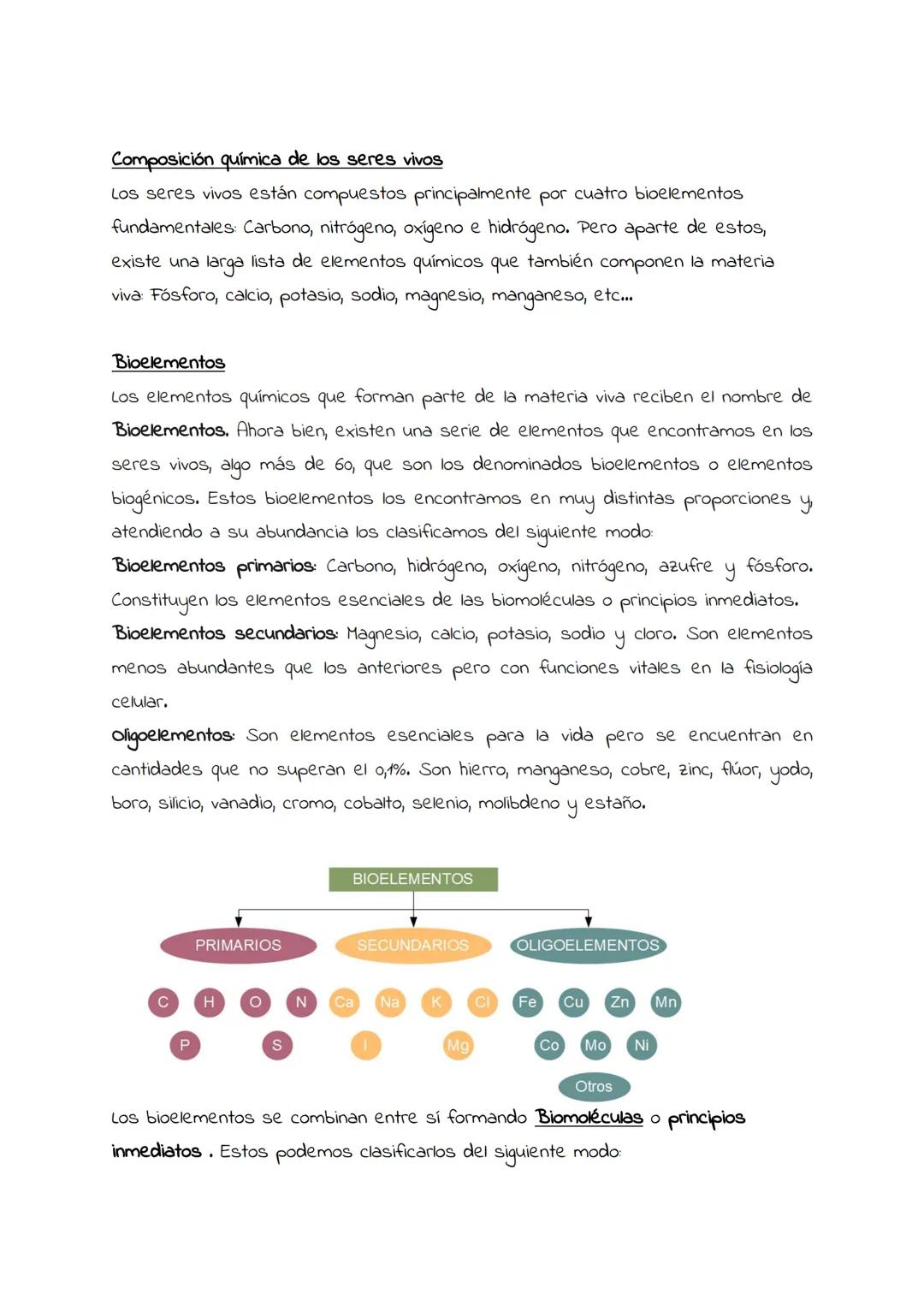 Composición química
de los seres vivos.
Bioelementos.
Biomoléculas.
El agua y su
importancia biológica.
Sales minerales. Composición química