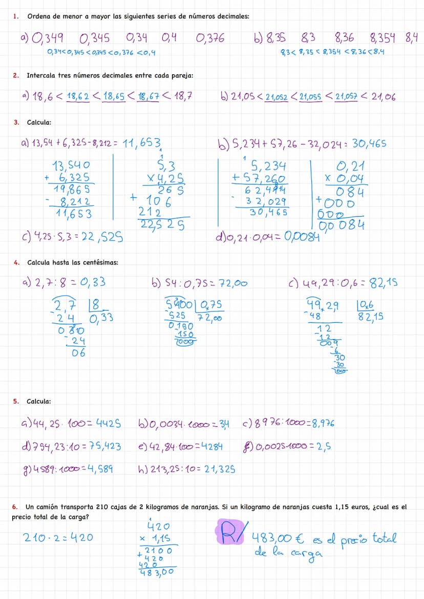GREAT IDEA
Matemáticas
MATH
Números
decimales 1. Ordena de menor a mayor las siguientes series de números decimales:
a) 0,349 0,345
3.
2. In