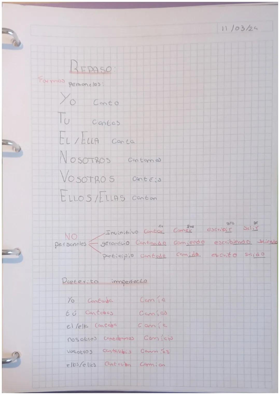 REPASO:

Formos personales:

Yo Canto

Tu Contes

EL/ELLA Corta

NOSOTROS Contam

VOSOTROS Contes

ELLOS/ELLAS canton

11/03/24

NO
Personol