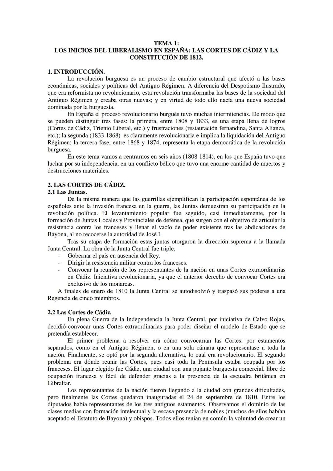 TEMA 1:
LOS INICIOS DEL LIBERALISMO EN ESPAÑA: LAS CORTES DE CÁDIZ Y LA
CONSTITUCIÓN DE 1812.
1. INTRODUCCIÓN.
La revolución burguesa es un 
