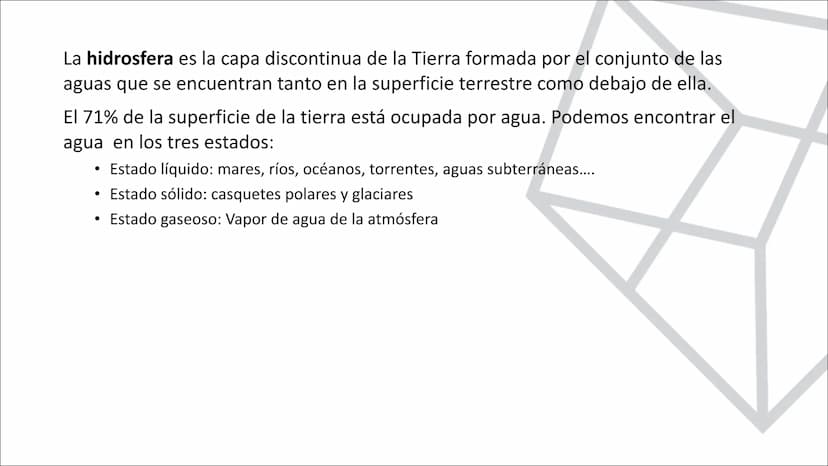 TEMA 10.
LA HIDROSFERA
EL CICLO DEL AGUA La hidrosfera es la capa discontinua de la Tierra formada por el conjunto de las
aguas que se encue