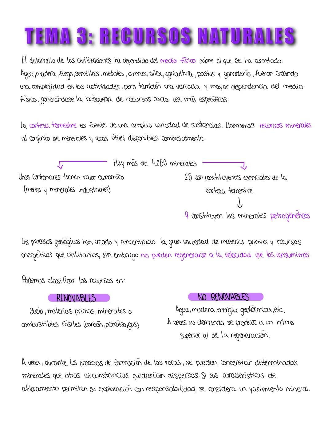 TEMA 3: RECURSOS NATURALES
El desarrollo de las civilizaciones ha dependido del medio físico sobre el que se ha asentado.
Agua, madera, fueg