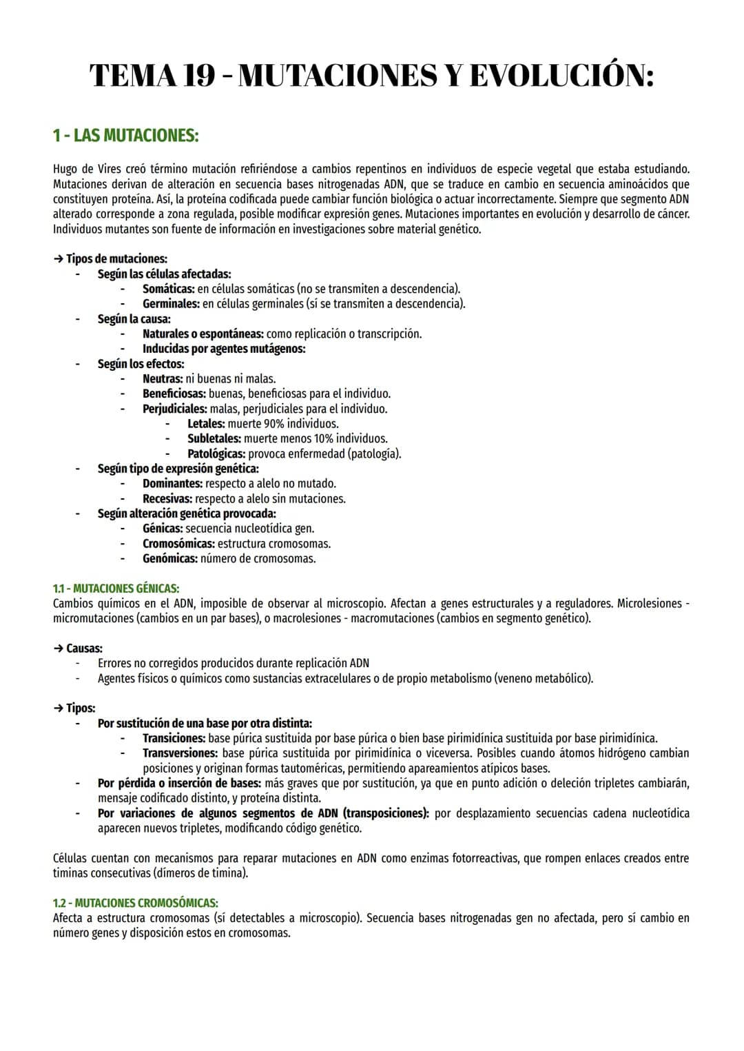 TEMA 19 - MUTACIONES Y EVOLUCIÓN:
1- LAS MUTACIONES:
Hugo de Vires creó término mutación refiriéndose a cambios repentinos en individuos de 