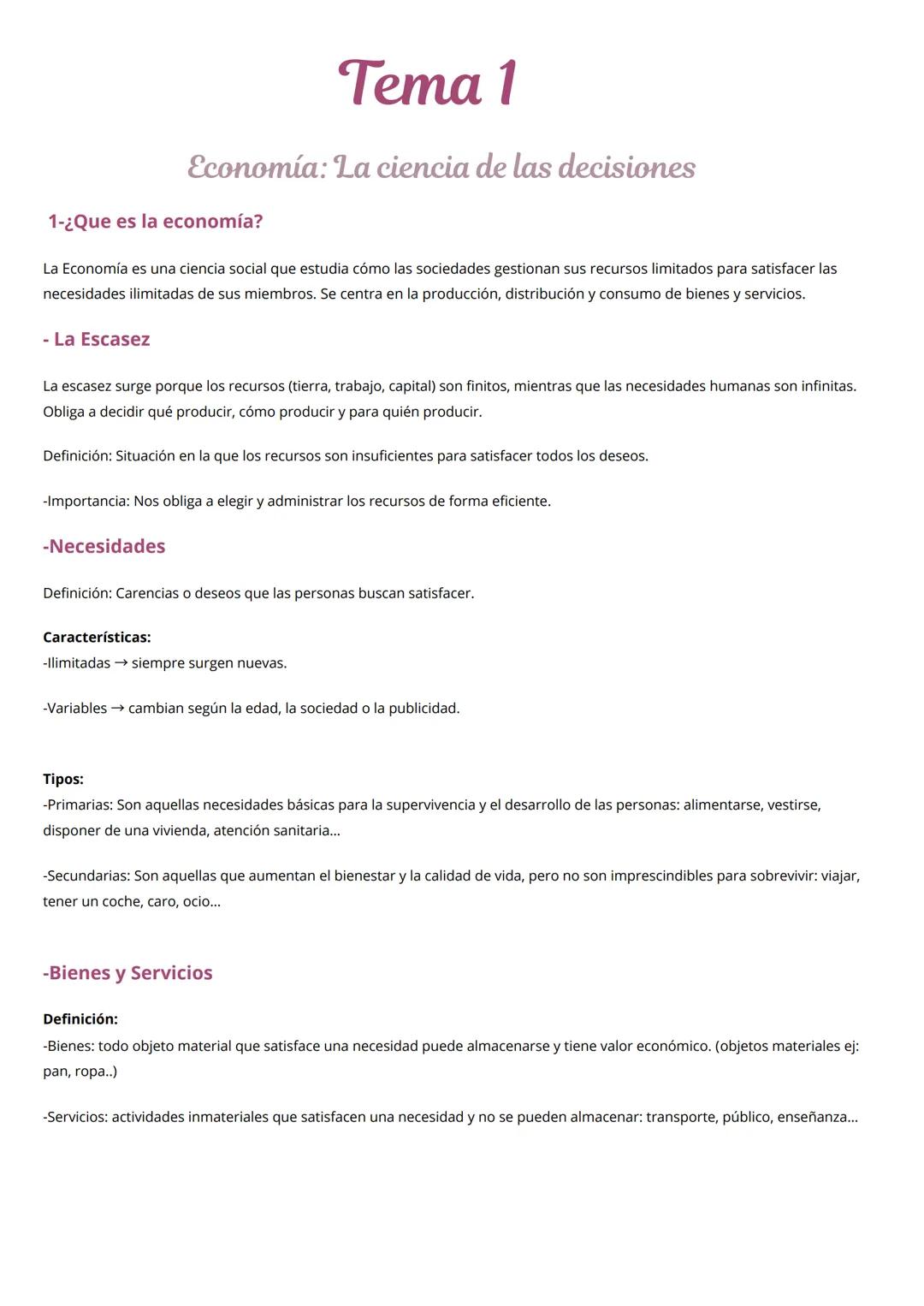 Tema  Economía 1º Bachillerato. La ciencia de las decisiones