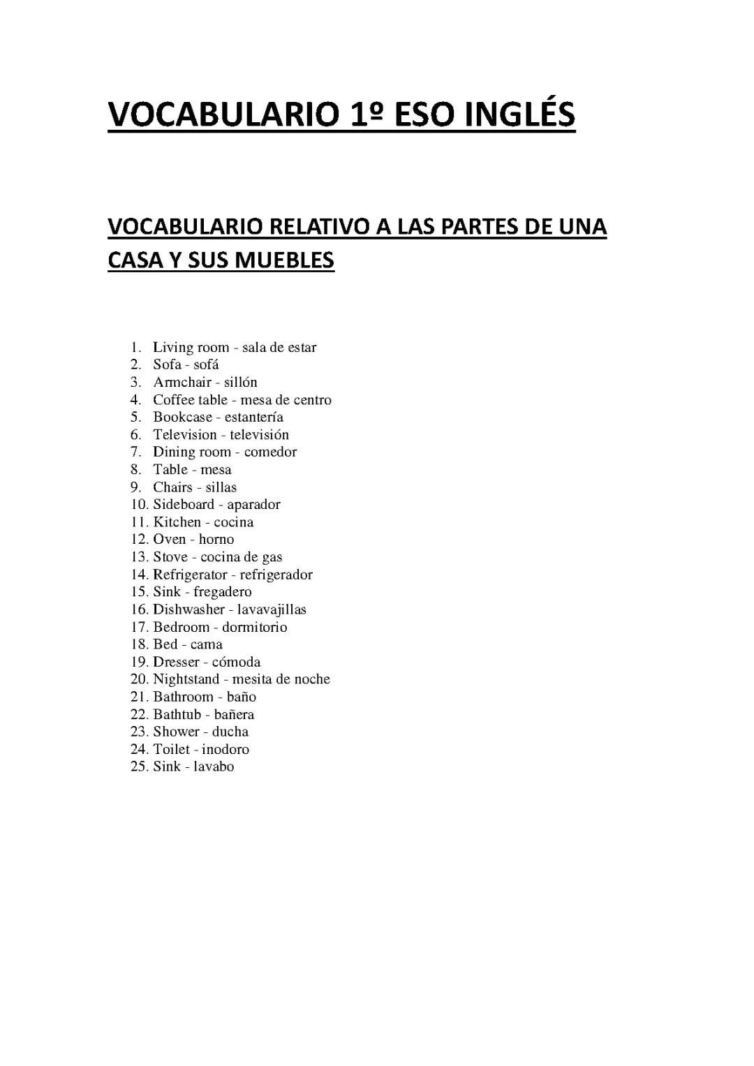 Vocabulario de Inglés para 1º ESO - Sección 3