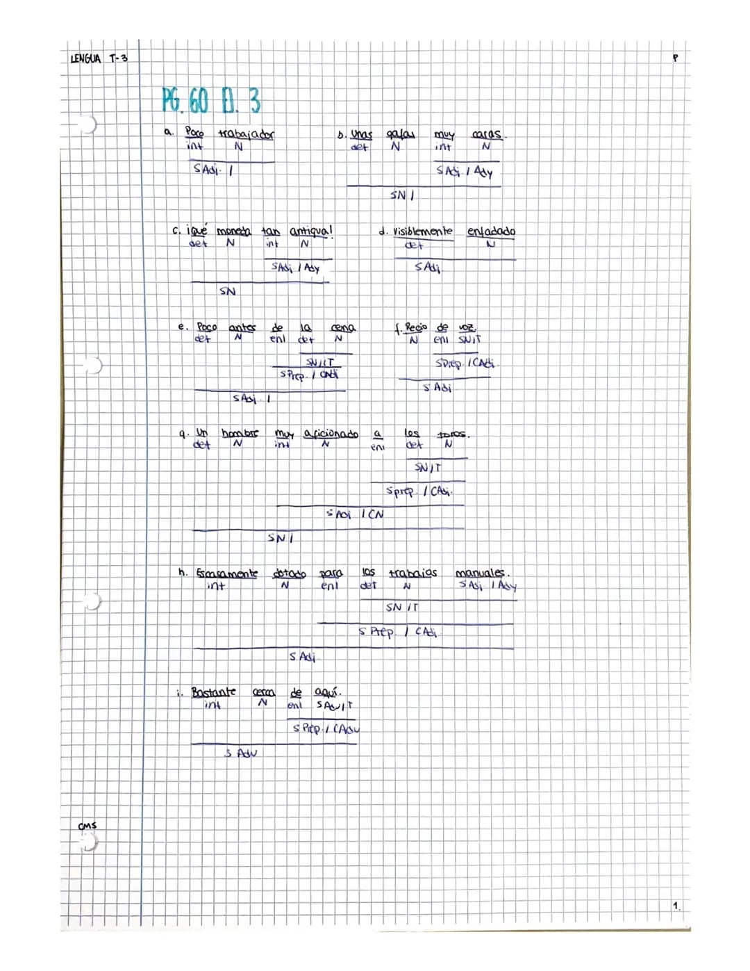 LENGUA T-3
CMS
14
PG 60 0 3
a. Poco trabajador
int
N
SAdi- I
c. i que moneda tan antiqual
det N Lint N
SAS ALY
e. Poco
I det
SN
anter
N
10
e