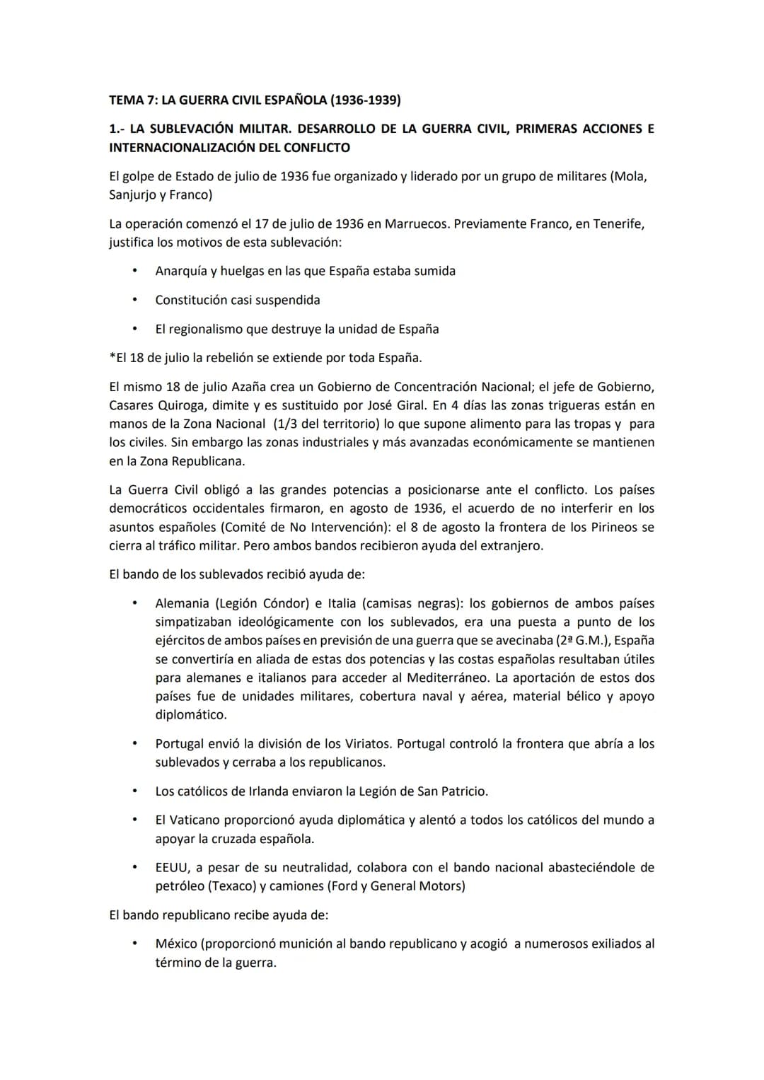 TEMA 7: LA GUERRA CIVIL ESPAÑOLA (1936-1939)
1.- LA SUBLEVACIÓN MILITAR. DESARROLLO DE LA GUERRA CIVIL, PRIMERAS ACCIONES E
INTERNACIONALIZA