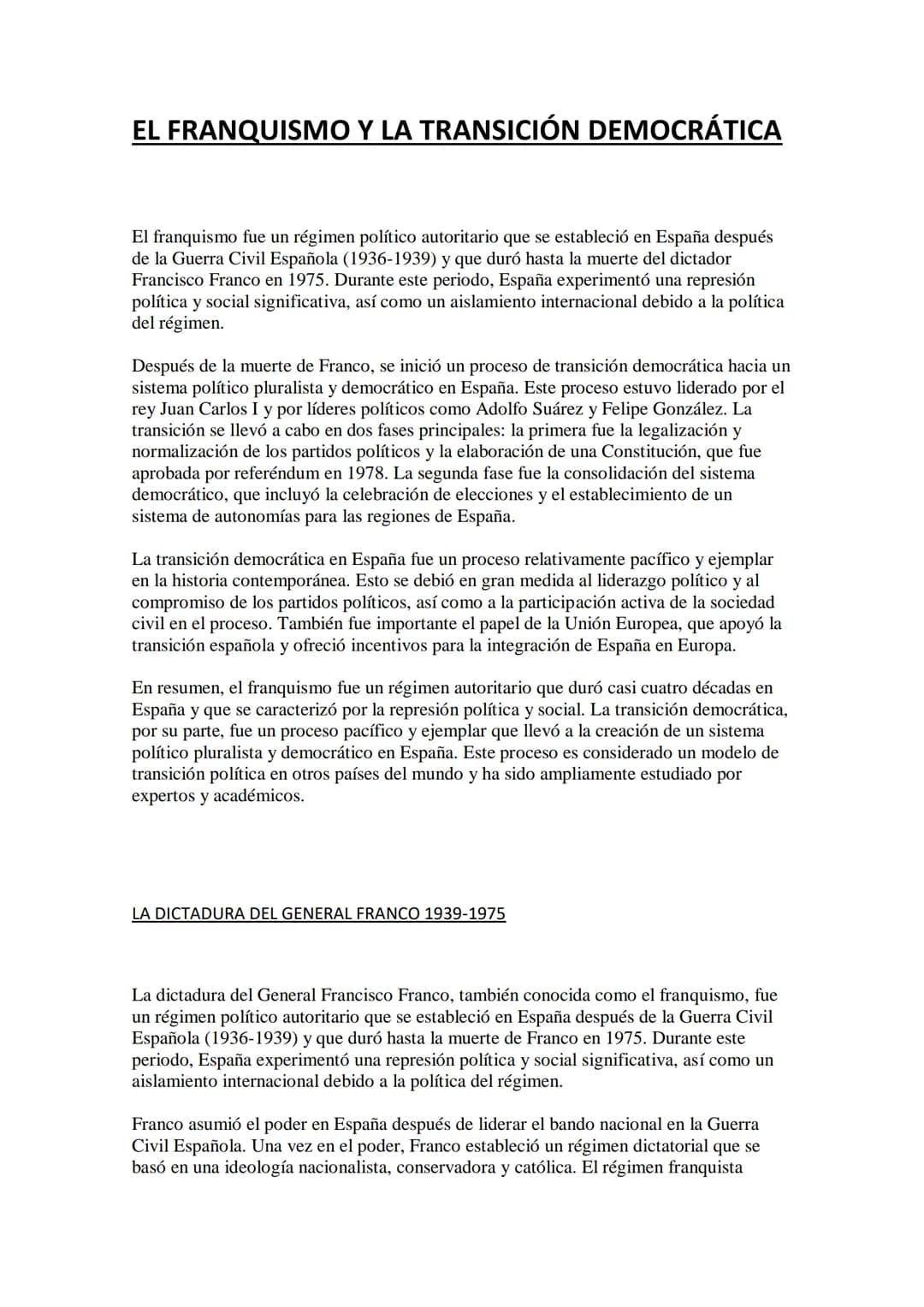 EL FRANQUISMO Y LA TRANSICIÓN DEMOCRÁTICA
El franquismo fue un régimen político autoritario que se estableció en España después
de la Guerra