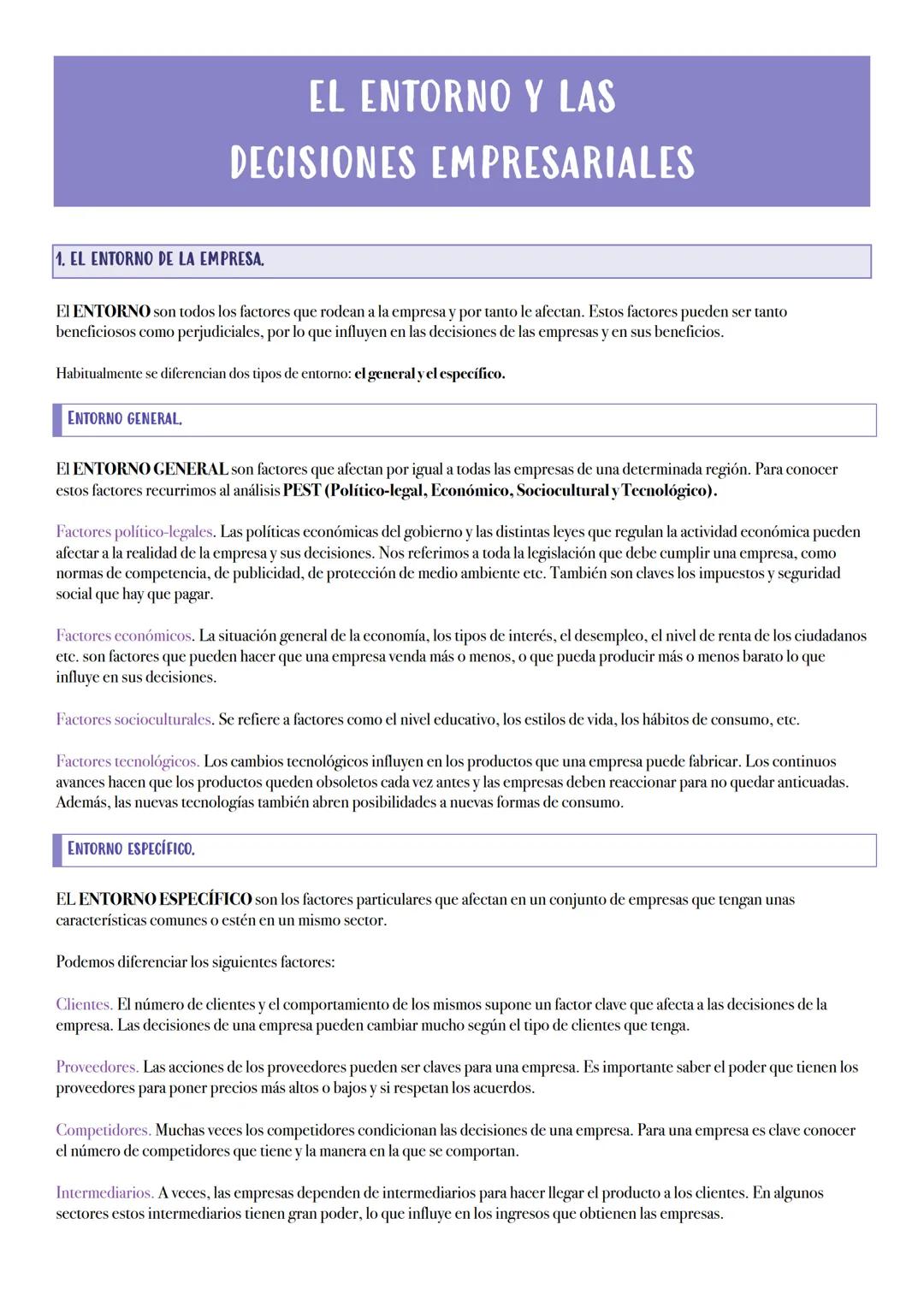 # EL ENTORNO Y LAS
DECISIONES EMPRESARIALES

1. EL ENTORNO DE LA EMPRESA.

EI ENTORNO son todos los factores que rodean a la empresa y por t