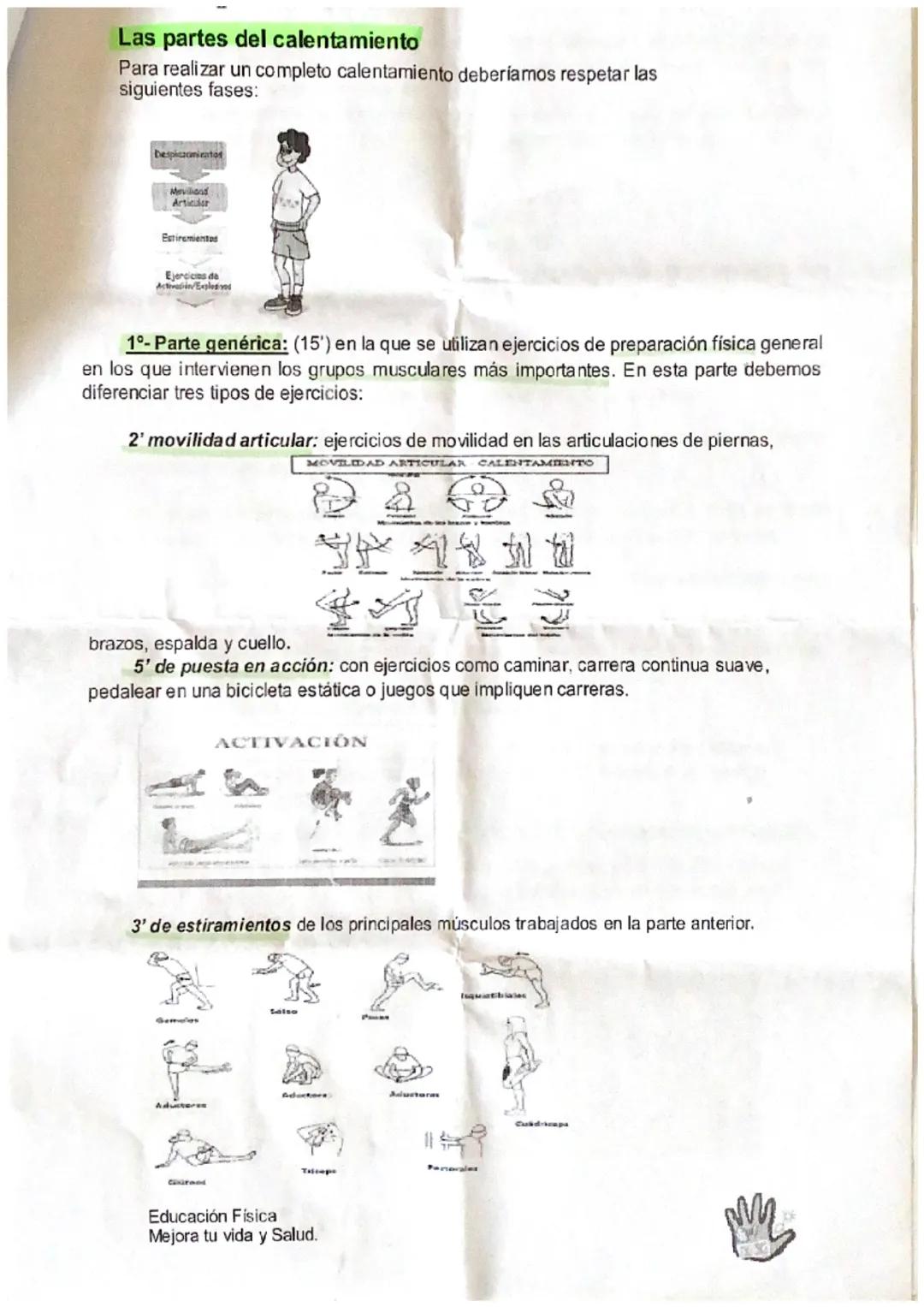 BLOQUE I: CONDICIÓN FÍSICA ORIENTADA A LA SALUD.
1. EL CALENTAMIENTO
Es una de las partes de la Educación Física que se da en todas las unid