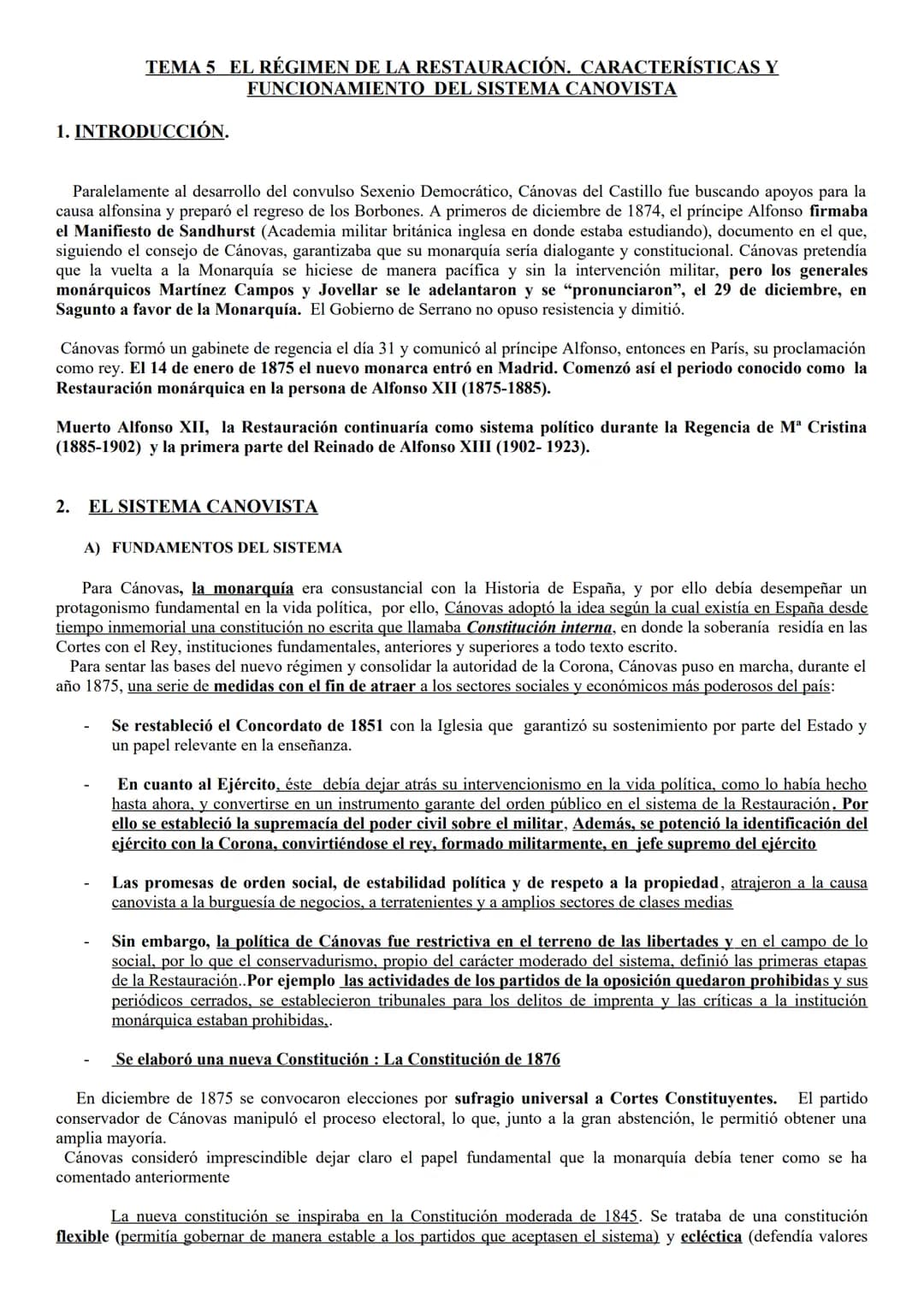 TEMA 5 EL RÉGIMEN DE LA RESTAURACIÓN. CARACTERÍSTICAS Y
FUNCIONAMIENTO DEL SISTEMA CANOVISTA
1. INTRODUCCIÓN.
Paralelamente al desarrollo de