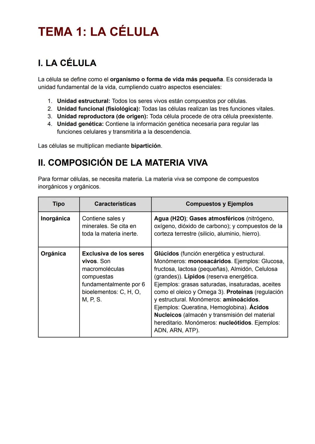# TEMA 1: LA CÉLULA

I. LA CÉLULA

La célula se define como el organismo o forma de vida más pequeña. Es considerada la
unidad fundamental d