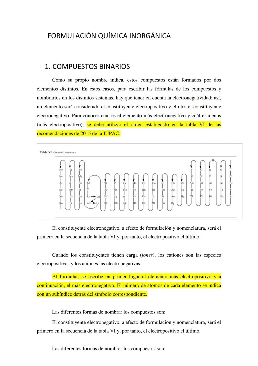 FORMULACIÓN QUÍMICA INORGÁNICA
1. COMPUESTOS BINARIOS
Como su propio nombre indica, estos compuestos están formados por dos
elementos distin