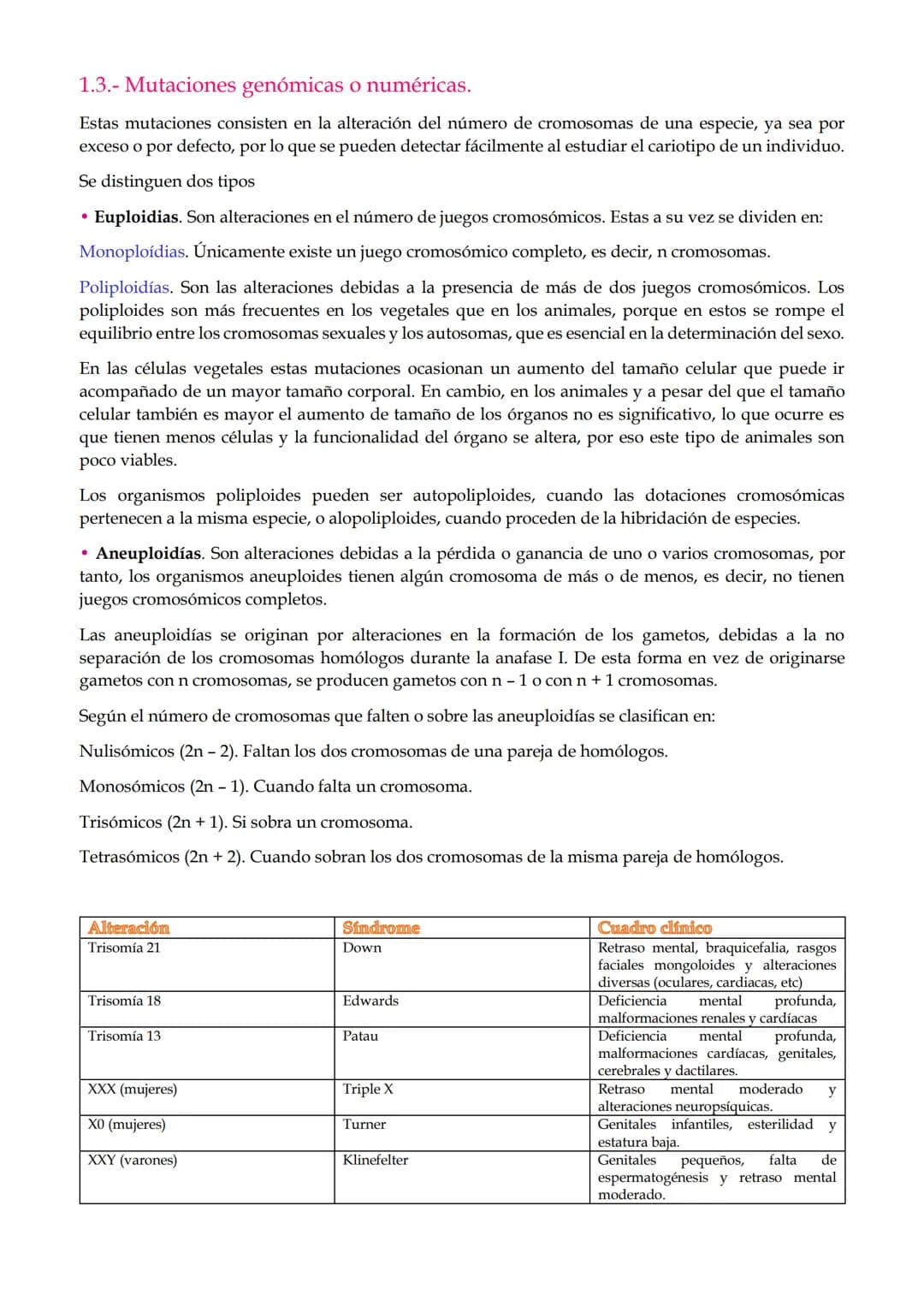 1. Mutaciones
TEMA 2. Mutaciones y evolución.
1.1. Mutaciones génicas o puntuales.
1.2. Mutaciones cromosómicas.
1.3. Mutaciones genómicas o