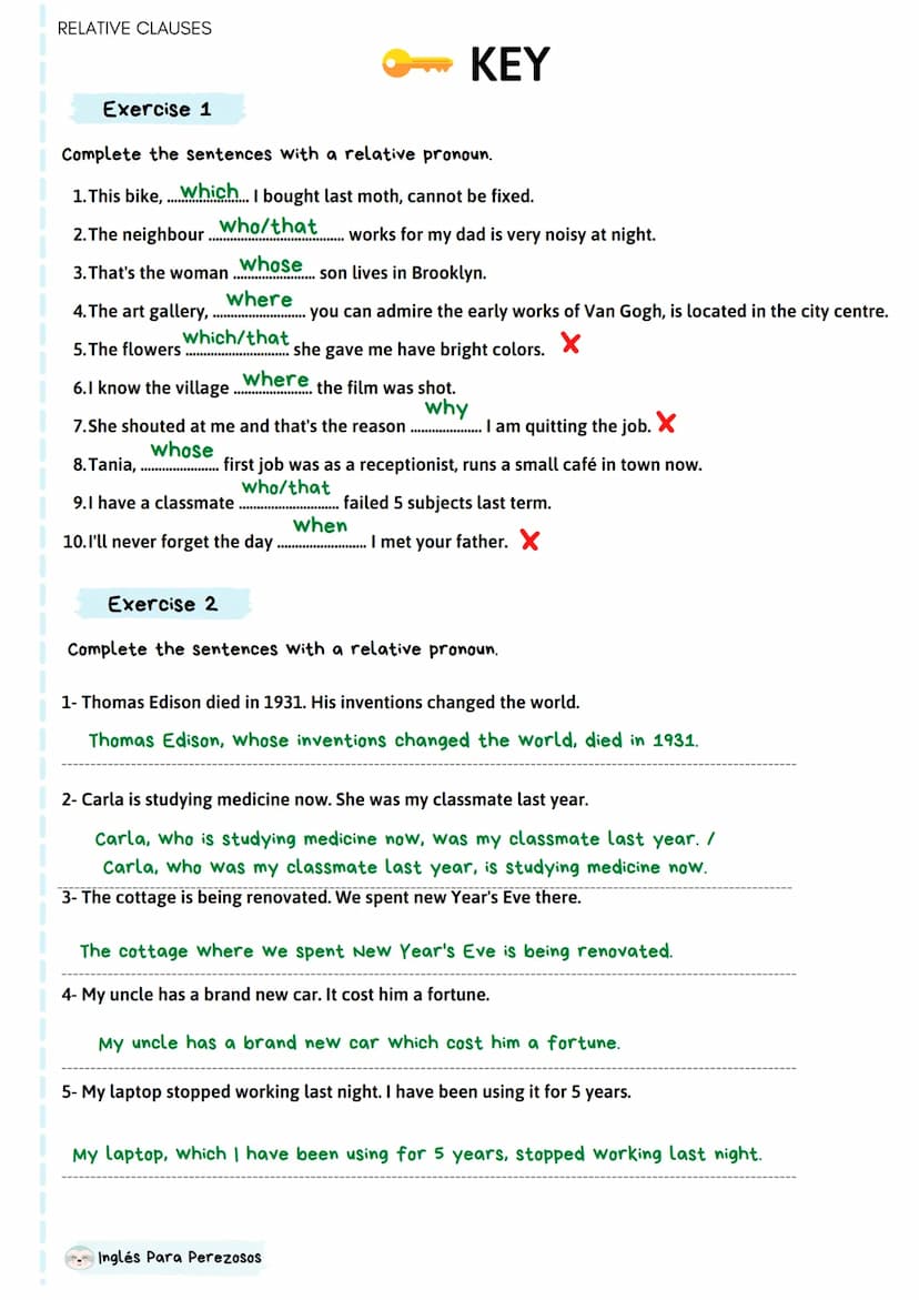 RELATIVE CLAUSES
Relative Pronouns
WHO - para referirnos a personas
WHICH - para referirnos a objetos
WHOM - para refererirnos a personas (m