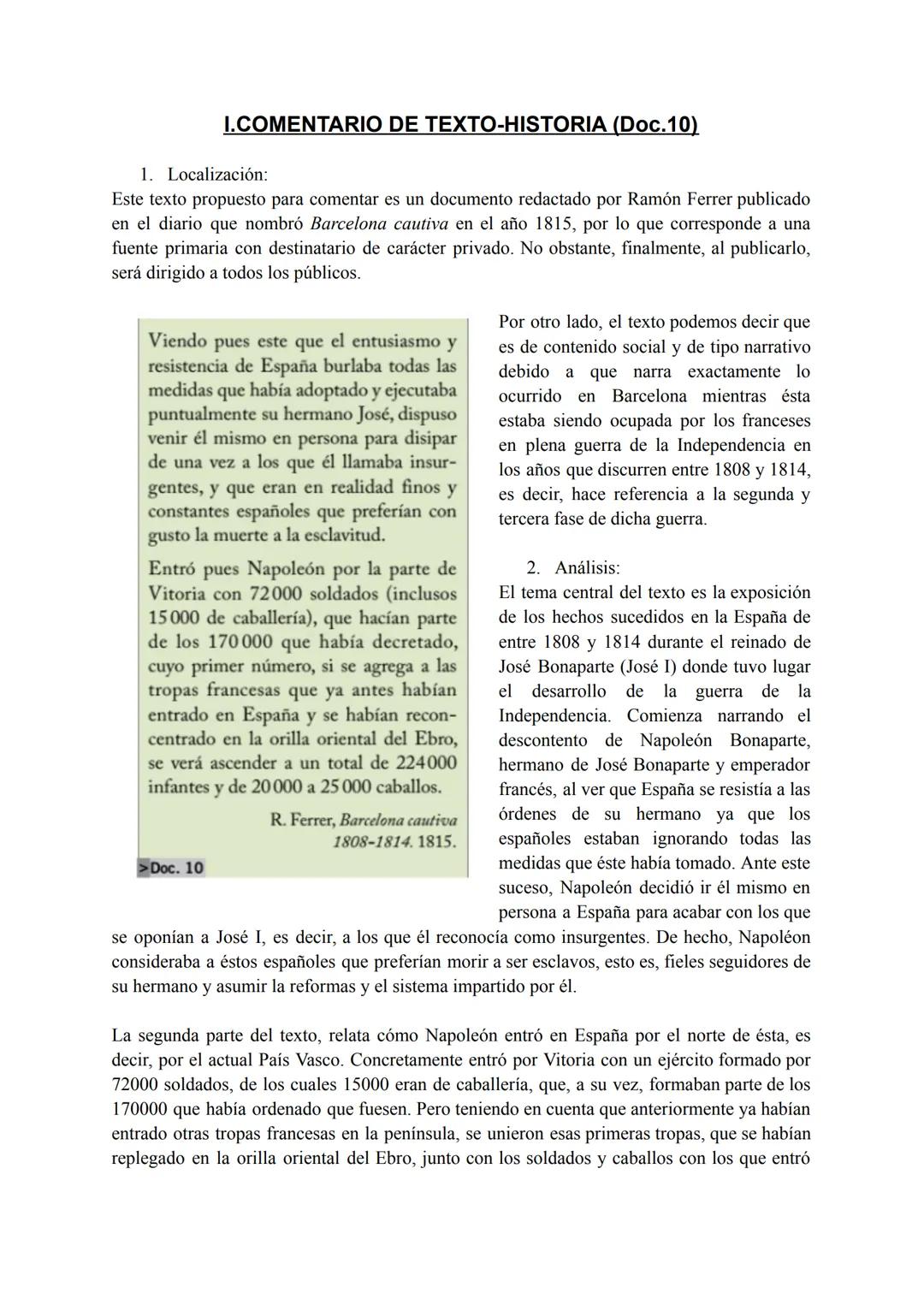 I.COMENTARIO DE TEXTO-HISTORIA (Doc.10)
1. Localización:
Este texto propuesto para comentar es un documento redactado por Ramón Ferrer publi