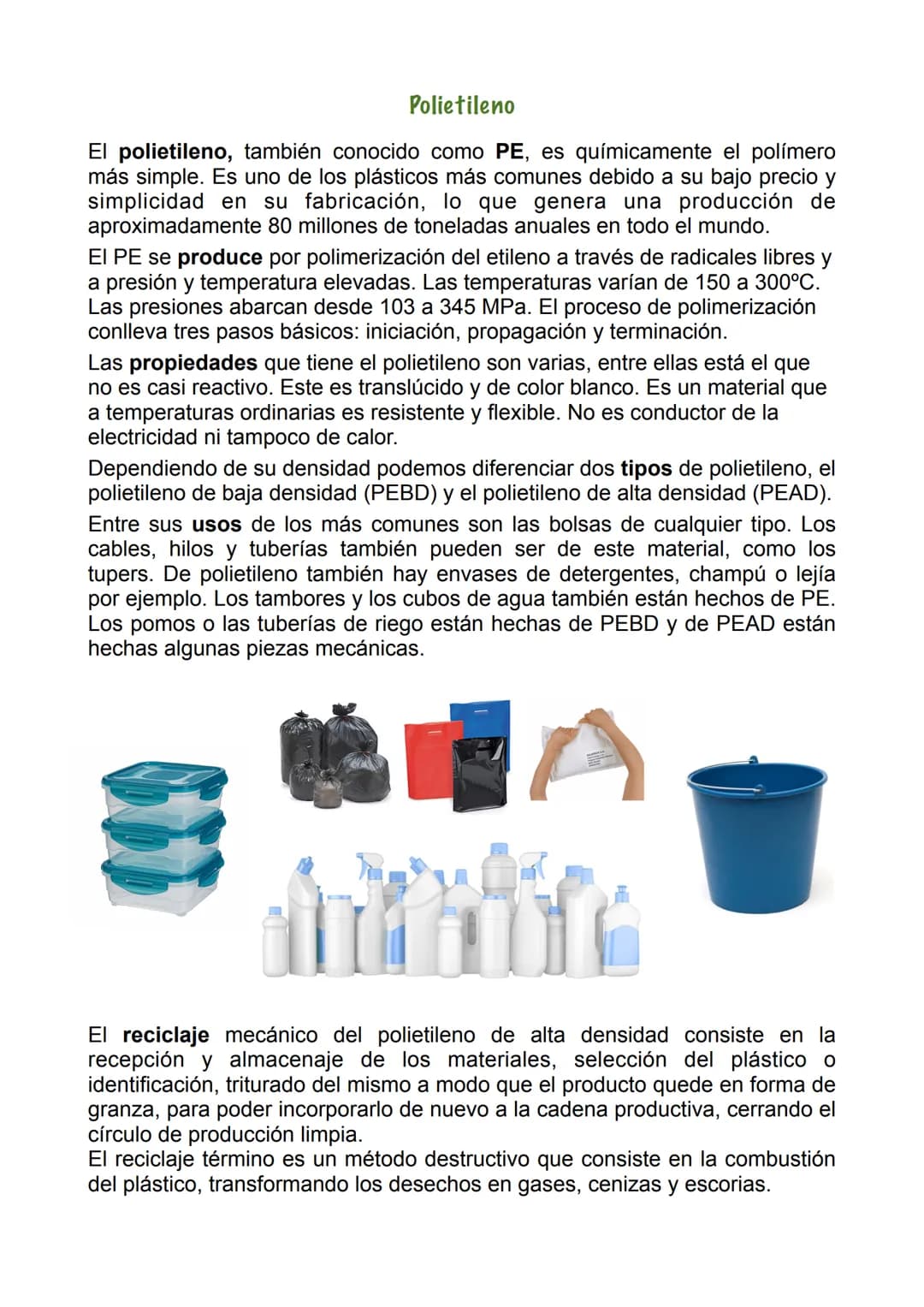 
<h2 id="introduccin">Introducción</h2>
<p>En este informe, se abordarán los diferentes tipos de plásticos, sus propiedades, características