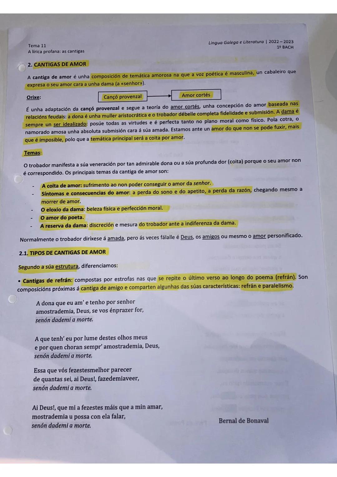 Tema 11
A lírica profana: as cantigas
2. CANTIGAS DE AMOR
A cantiga de amor é unha composición de temática amorosa na que a voz poética é ma