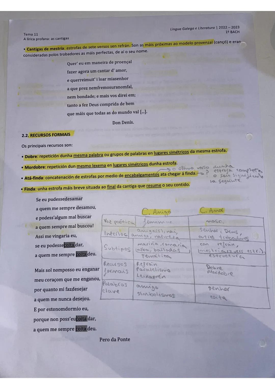 Tema 11
A lírica profana: as cantigas
2. CANTIGAS DE AMOR
A cantiga de amor é unha composición de temática amorosa na que a voz poética é ma
