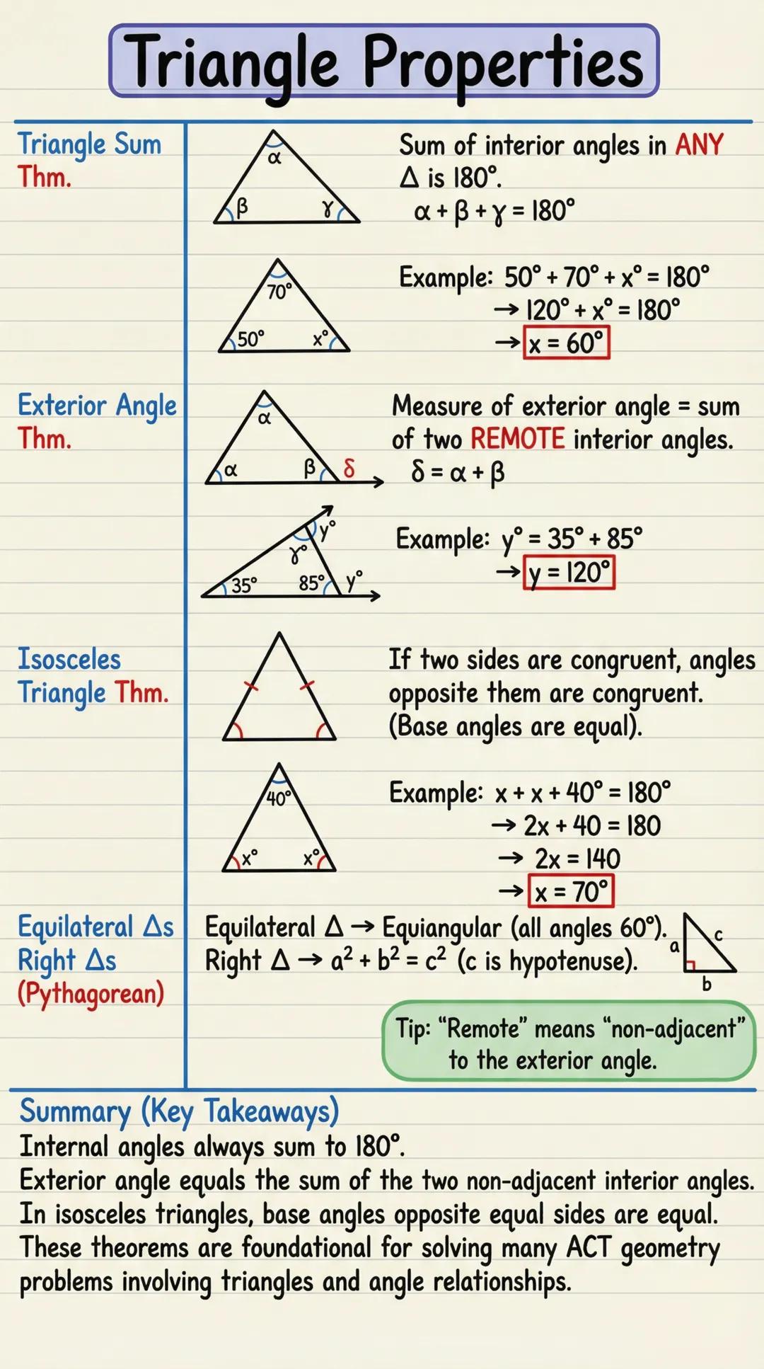 # Triangle Properties

Triangle Sum
Thm.

$\alpha$

$\beta$

$\gamma$

70°

50°

x

Exterior Angle
Thm.

$\alpha$

$\gamma$

$\beta$ $\delta