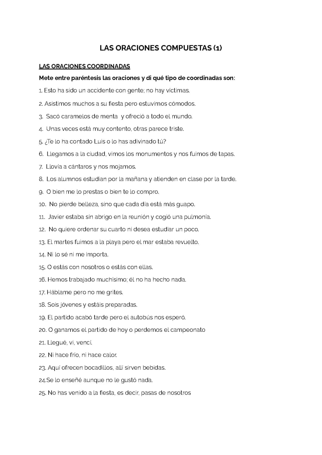 Ejercicios de oraciones compuestas (oraciones coordinadas con soluciones)