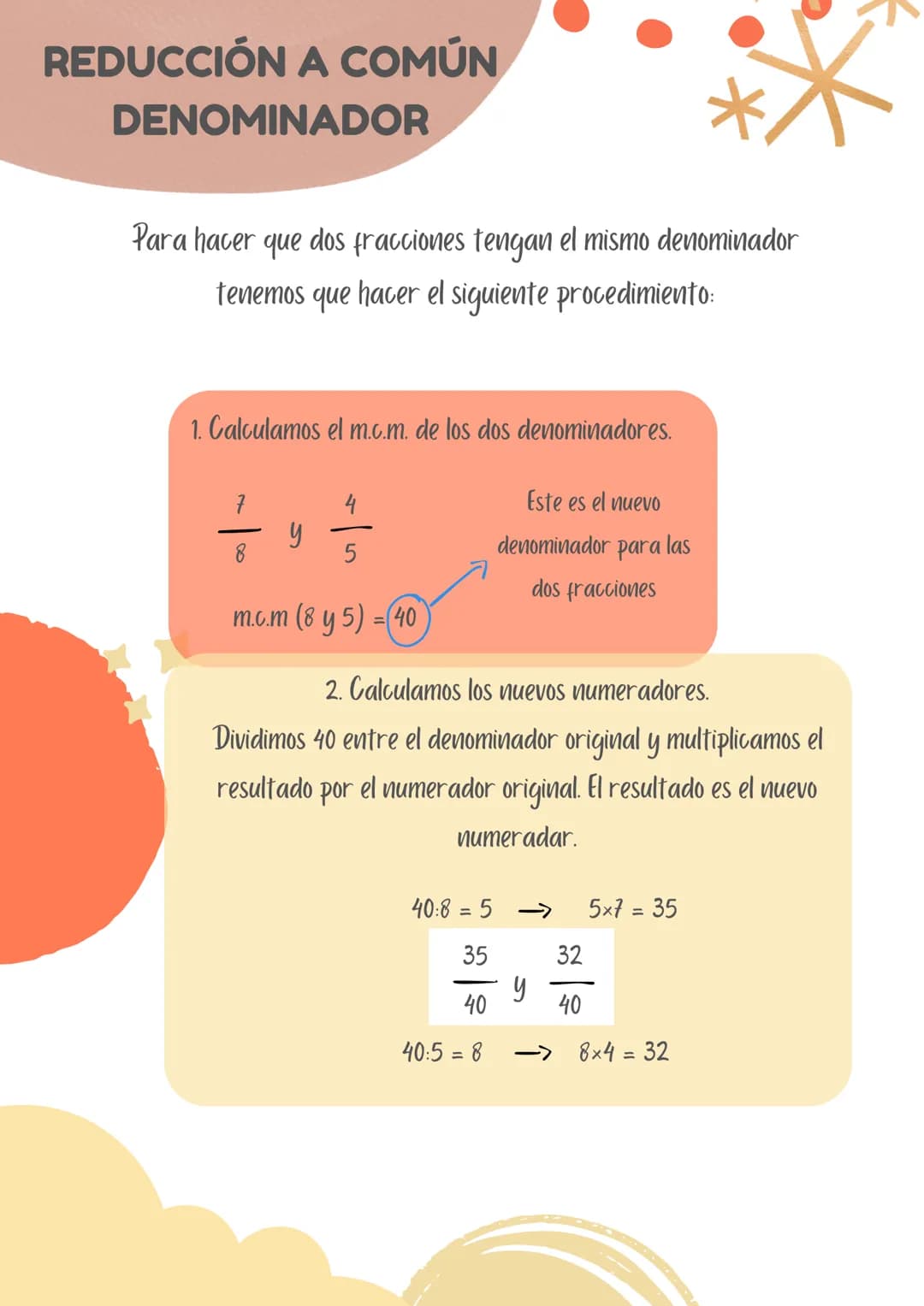 *
Para hacer que dos fracciones tengan el mismo denominador
tenemos que hacer el siguiente procedimiento:
REDUCCIÓN A COMÚN
DENOMINADOR
1. C