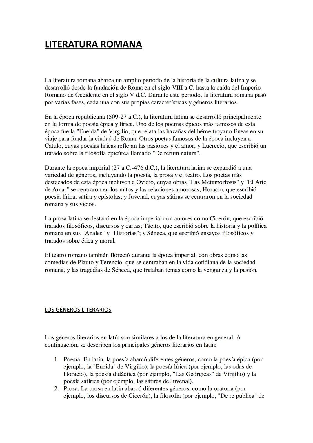LITERATURA ROMANA
La literatura romana abarca un amplio período de la historia de la cultura latina y se
desarrolló desde la fundación de Ro