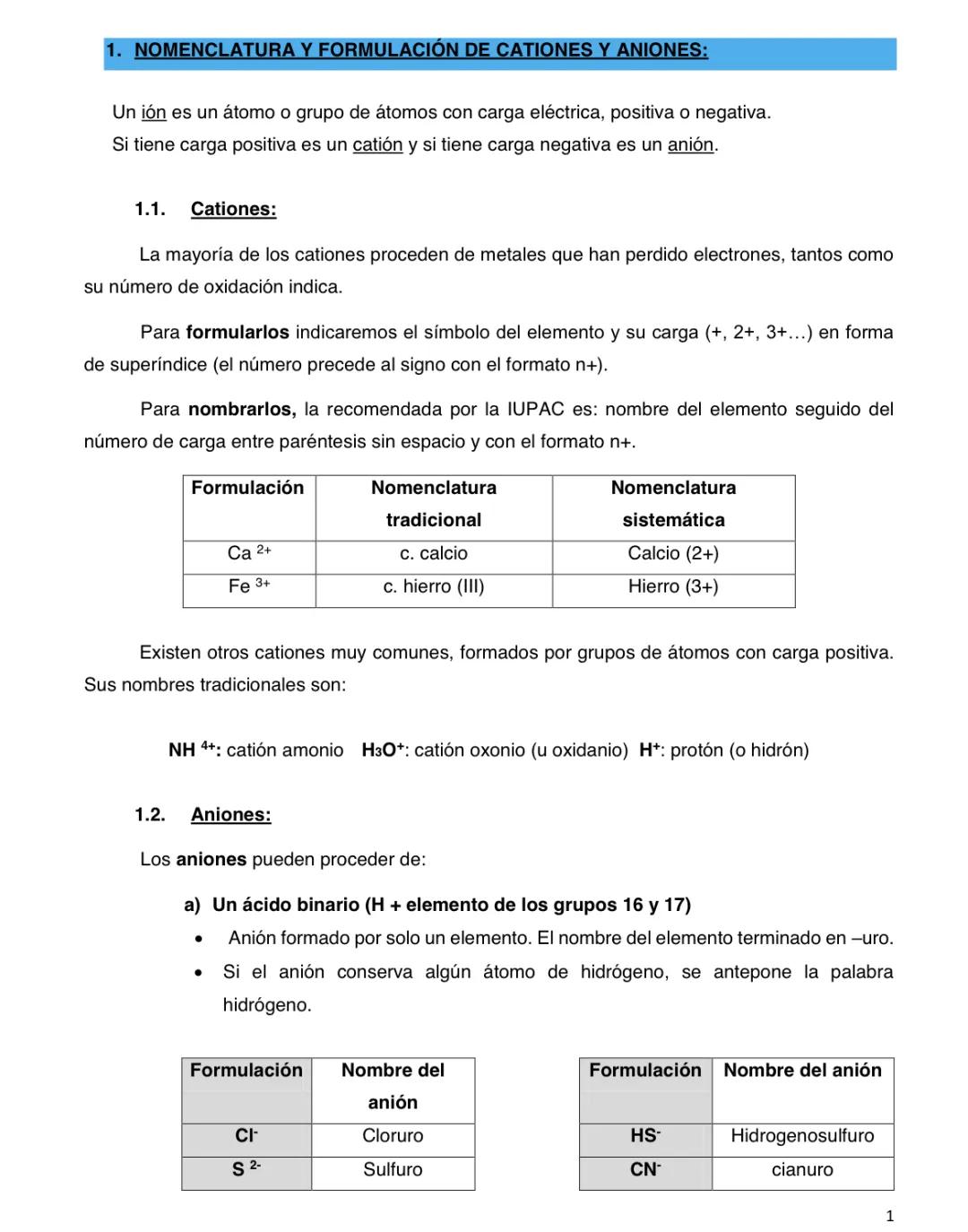 Apuntes sobre los cationes y aniones