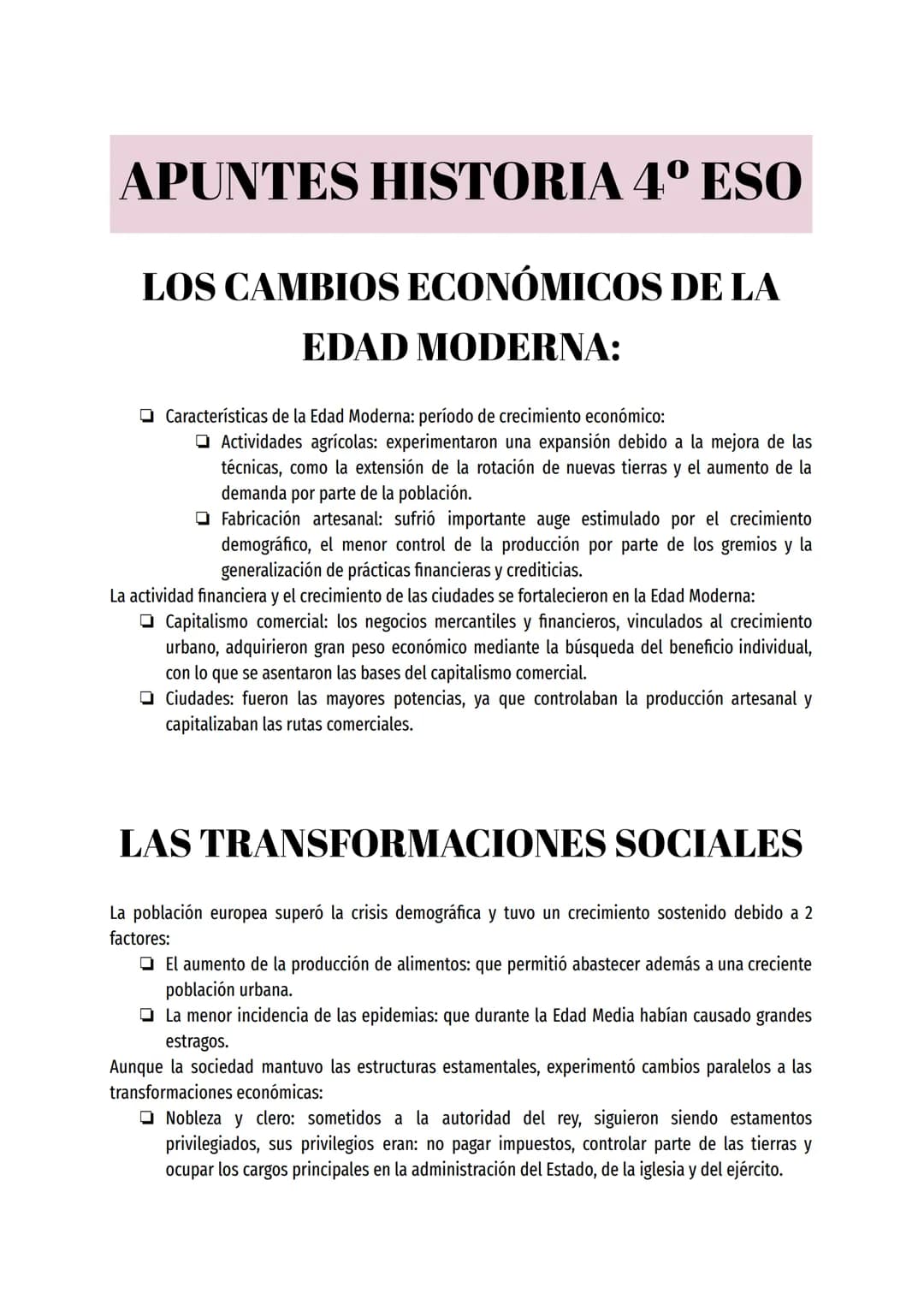 APUNTES HISTORIA 4º ESO
LOS CAMBIOS ECONÓMICOS DE LA
EDAD MODERNA:
Características de la Edad Moderna: período de crecimiento económico:
Act