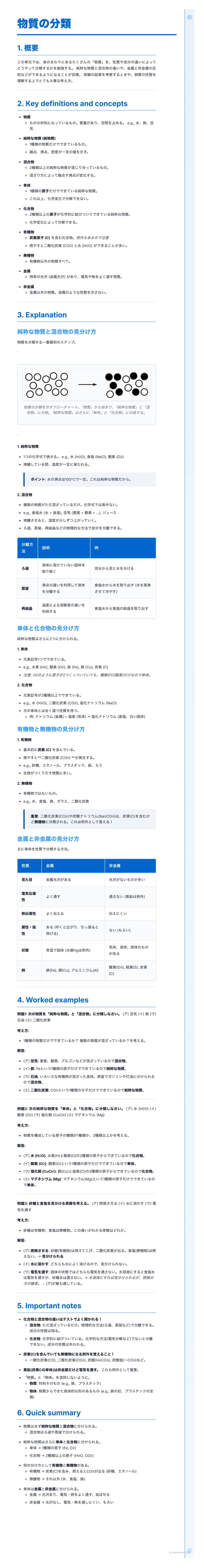 # 物質の分類

1. 概要

物質の分類方法や、混合物、化合物、元素などの重要な化学コンセプトを理解する。
物質の状態変化や分離技術についても説明する。

2. Key definitions and concepts

*   **物質**

    *   質量と体積を持つ