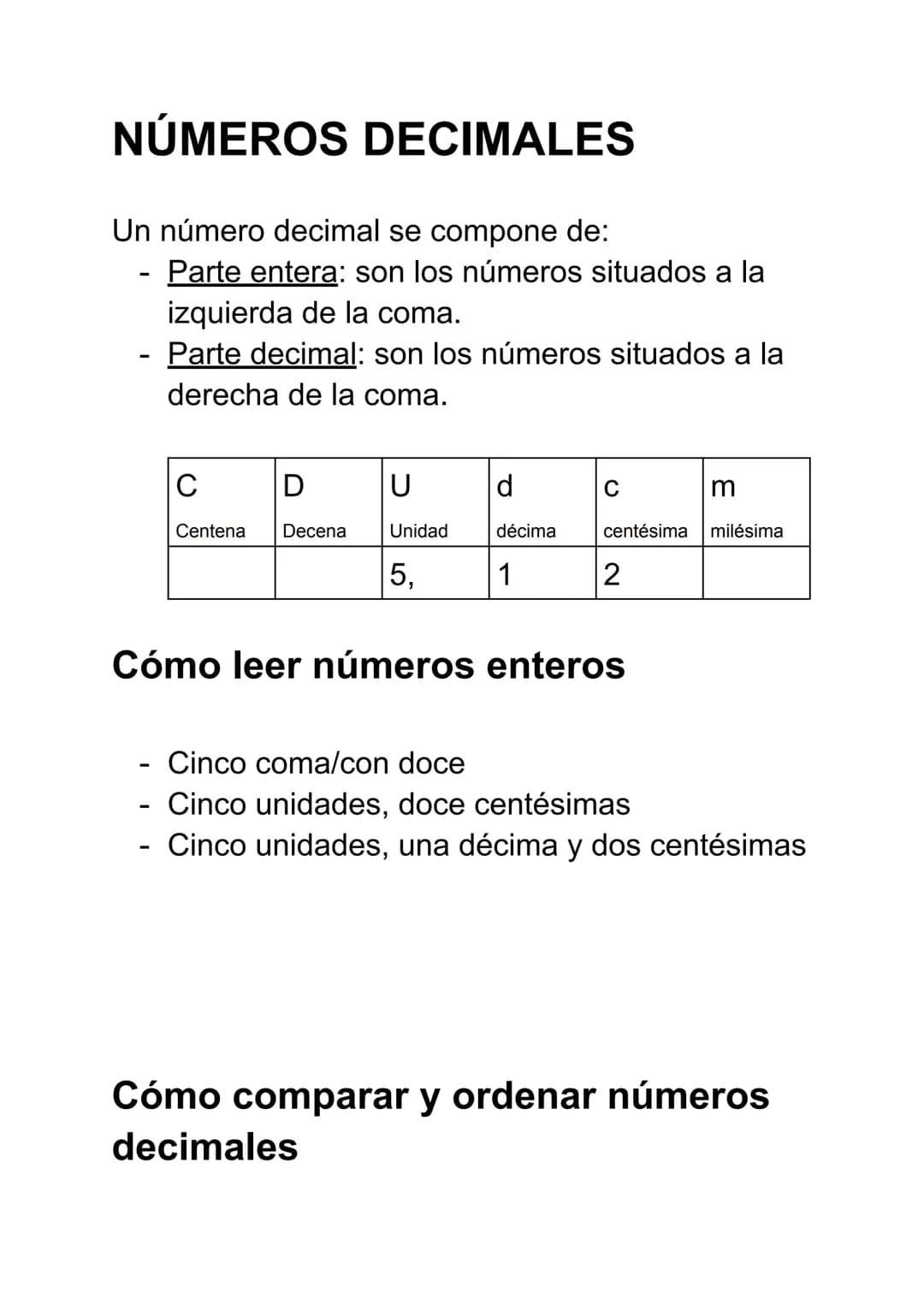 NÚMEROS DECIMALES
Un número decimal se compone de:
Parte entera: son los números situados a la
izquierda de la coma.
Parte decimal: son los 