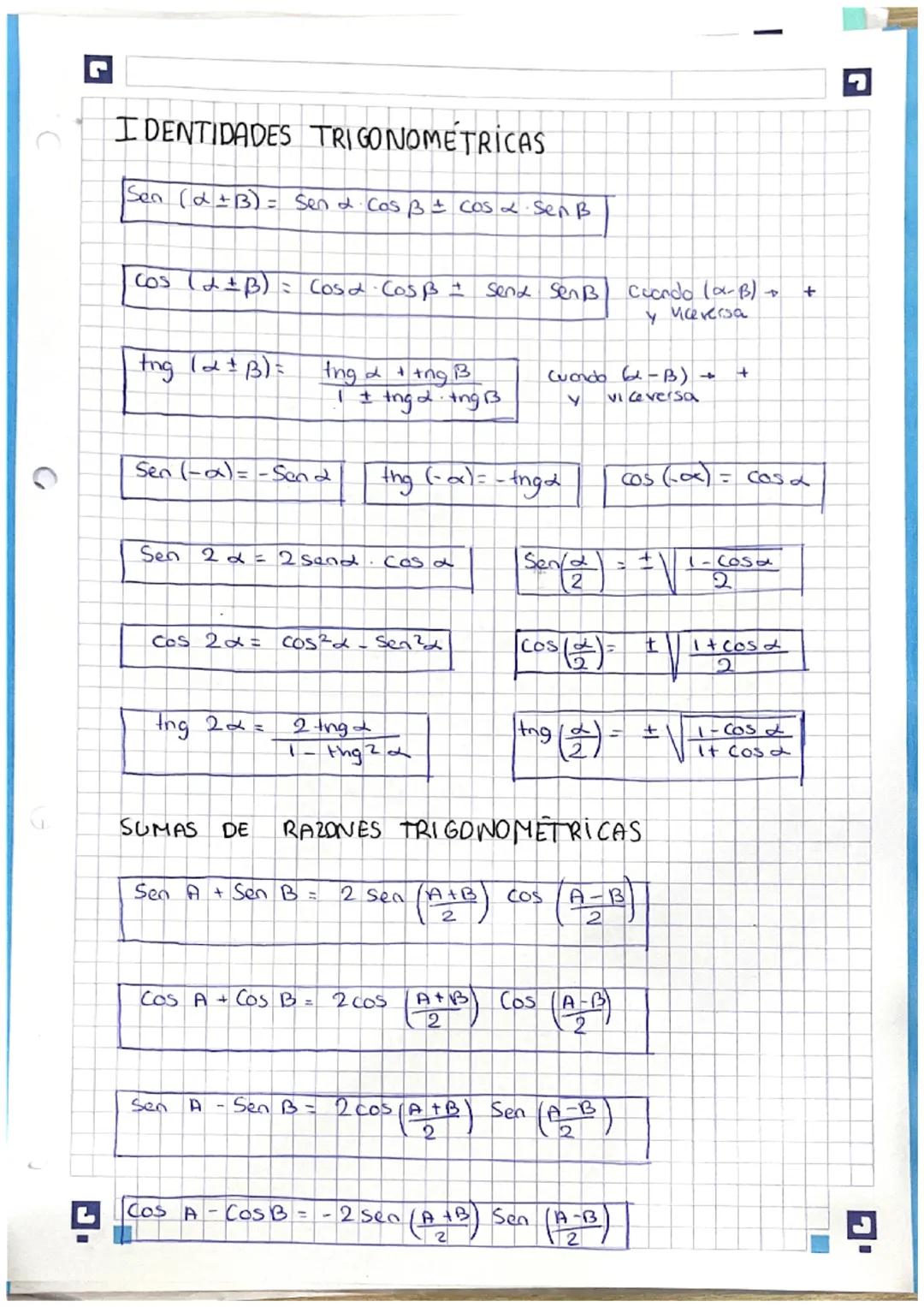 IDENTIDADES TRIGONOMÉTRICAS
Sen (d+B) = Sen d. Cos B ± Cos & Sen B
Cos (2±B) = Cosd· Cosß = Send Senß.
tng (2+B) =
Sen (-a)=-Sen d
Sen 2 d =