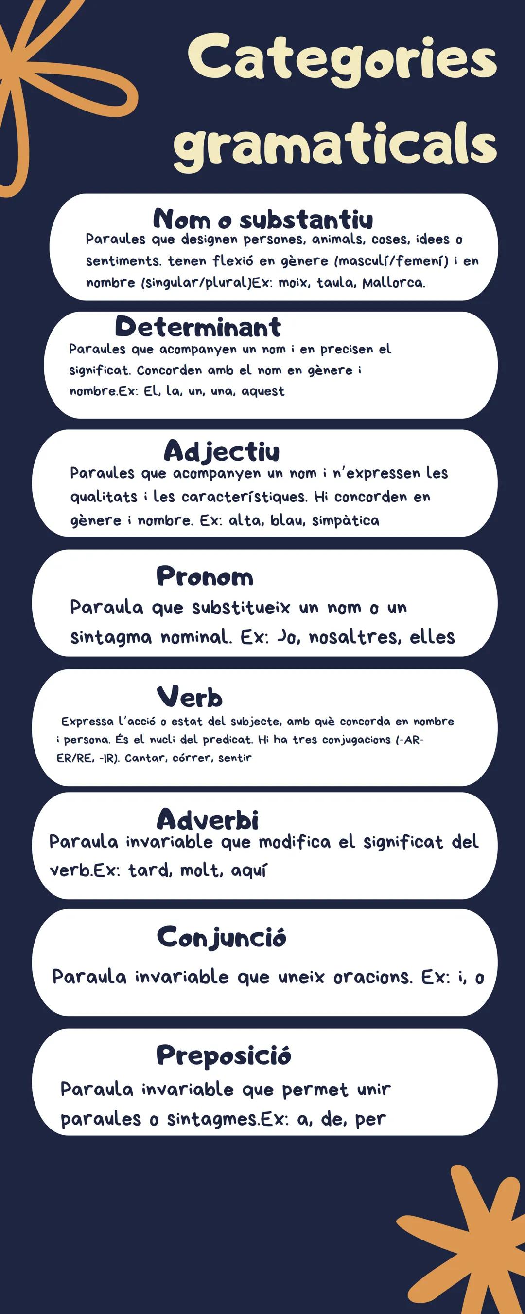 Categories
gramaticals
Nom o substantiu
Paraules que designen persones, animals, coses, idees o
sentiments. tenen flexió en gènere (masculí/