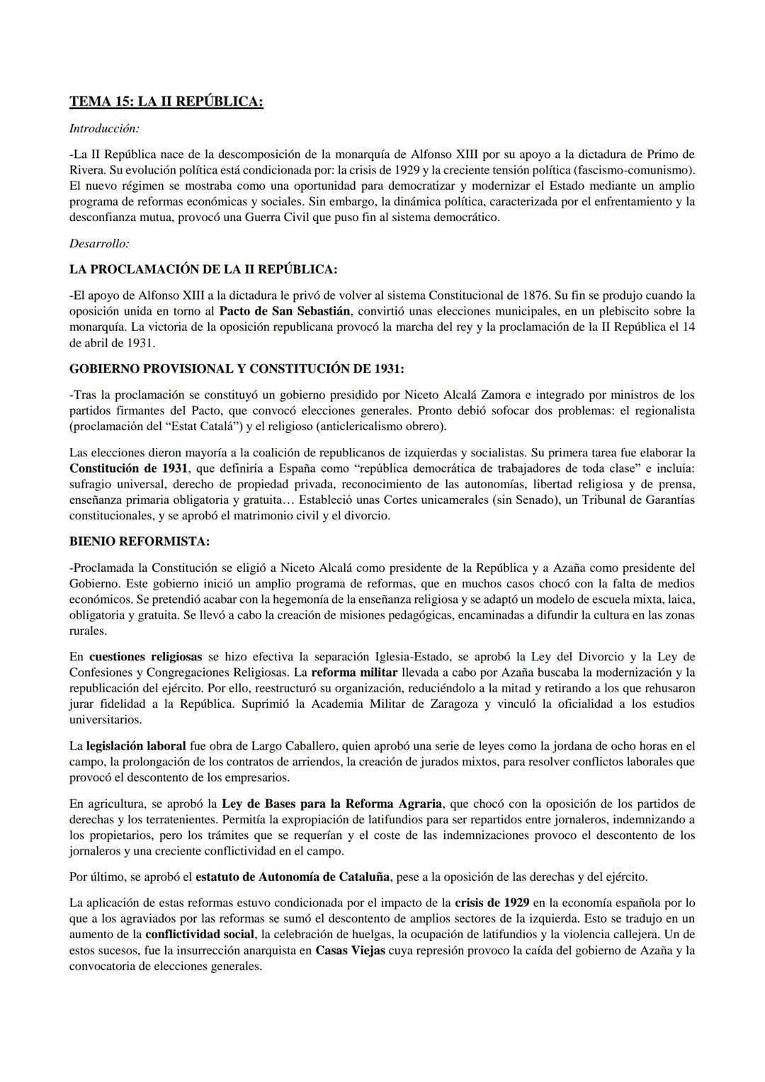 # TEMA 15: LA II REPÚBLICA:

Introducción:

-La II República nace de la descomposición de la monarquía de Alfonso XIII por su apoyo a la dic
