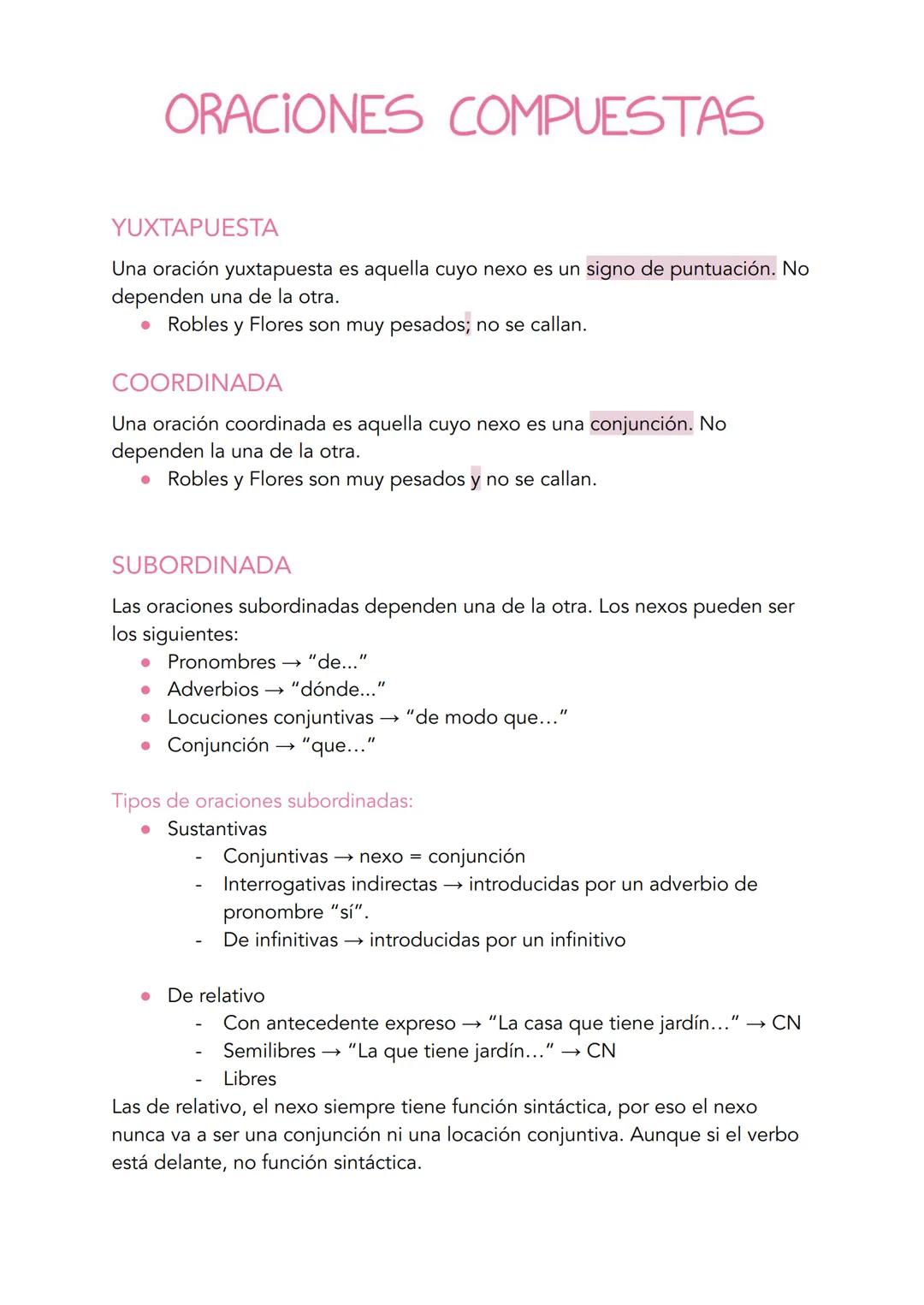 --- OCR Start ---
ORACIONES COMPUESTAS
YUXTAPUESTA
Una oración yuxtapuesta es aquella cuyo nexo es un signo de puntuación. No
dependen una d