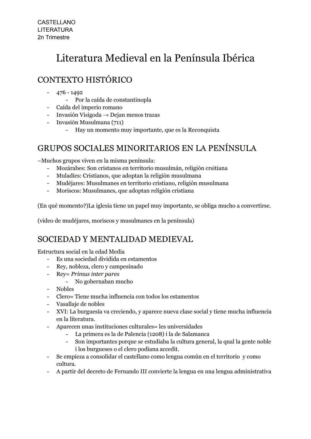 # CASTELLANO
LITERATURA
2n Trimestre

Literatura Medieval en la Península Ibérica

CONTEXTO HISTÓRICO

- 476-1492
  - Por la caída de consta