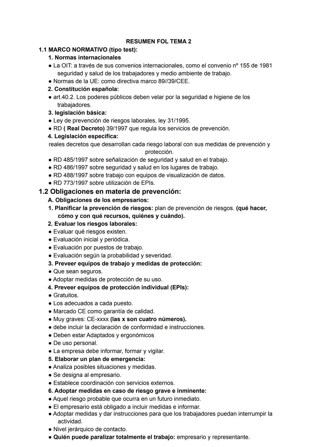 RESUMEN FOL TEMA 2
1.1 MARCO NORMATIVO (tipo test):
1. Normas internacionales
• La OIT: a través de sus convenios internacionales, como el c