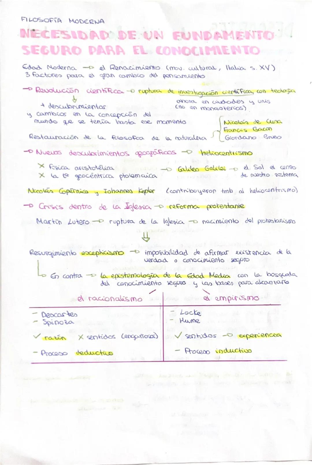FILOSOFIA MODERNA
NECESIDAD DE UN FUNDAMENTOJ
SEGURO PARA EL CONOCIMIENTO
Edad Moderna → el Renacimiento (mov. cultural, Italia s. XV)
3 fac