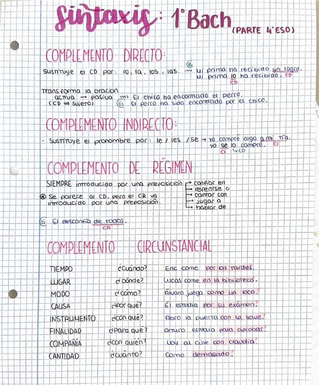 --- OCR Start ---
Sintaxis: 1 Bach PARTE N'ESO)
COMPLEMENTO DIRECTO
Sustituye el CD por: 10, 10, 105, 195.
Transforma la oracion
G
activa pa