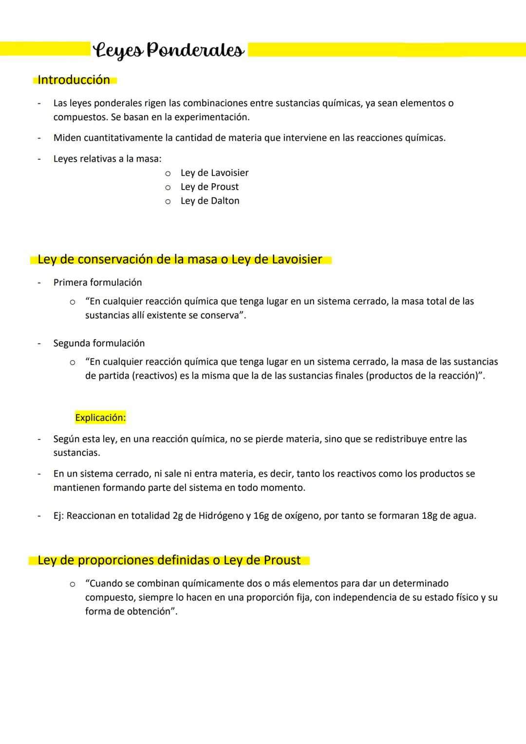 Introducción
Las leyes ponderales rigen las combinaciones entre sustancias químicas, ya sean elementos o
compuestos. Se basan en la experime