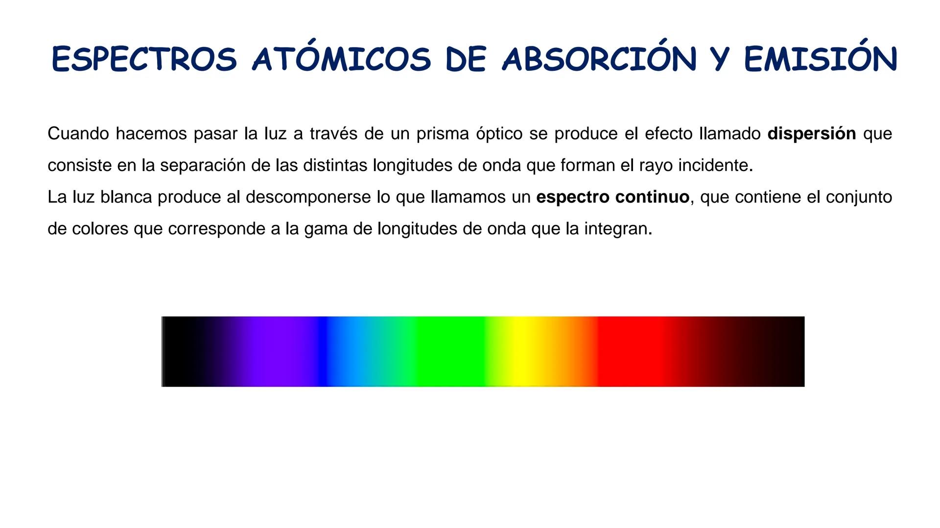 Foto: bit.ly/2lfgrWJ
ESPECTROS ATÓMICOS ESPECTROS ATÓMICOS DE ABSORCIÓN Y EMISIÓN
Cuando hacemos pasar la luz a través de un prisma óptico s