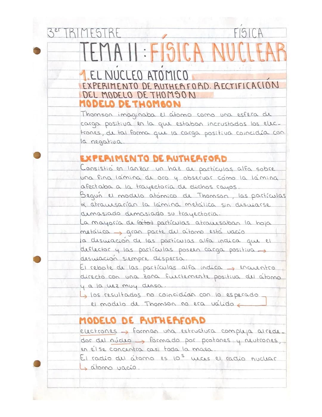 3er TRIMESTRE
FISICA
TEMA 11: FISICA NUCLEAR
1.EL NÚCLEO ATÓMICO
EXPERIMENTO DE RUTHERFORD. RECTIFICACIÓN
DEL MODELO DE THOMSON
MODELO DE TH